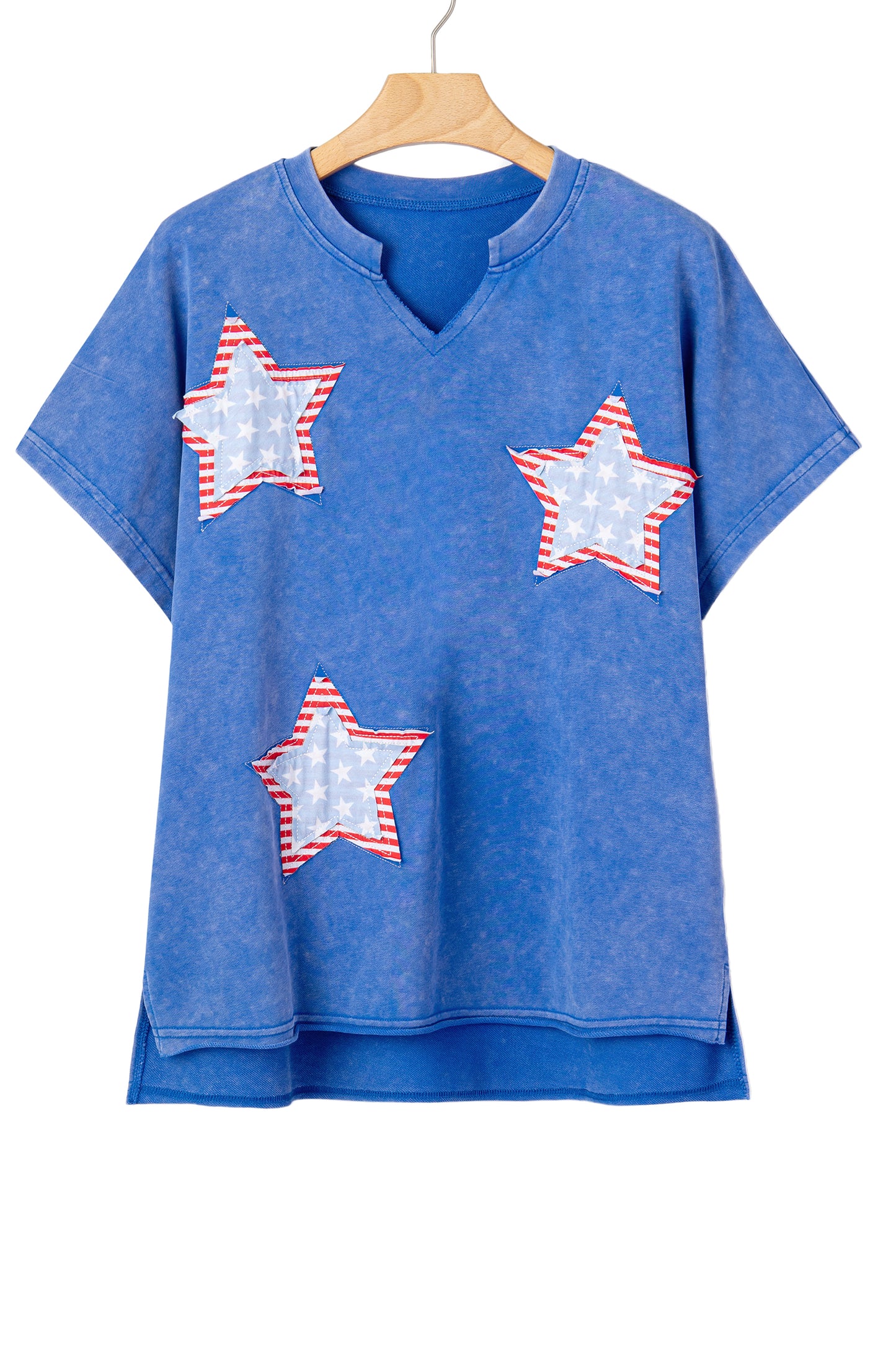 White Patriot Star Patched Notched Neck Mineral Washed Tee-Tops/Tops & Tees-[Adult]-[Female]-2022 Online Blue Zone Planet