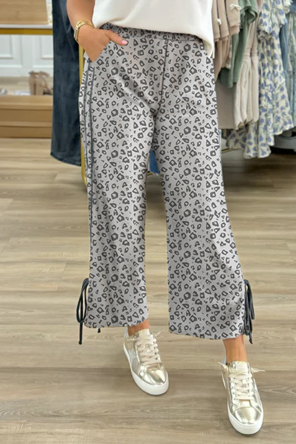 Khaki Leopard High Waist Side Bow Straight Leg-Bottoms/Pants & Culotte-[Adult]-[Female]-Khaki-S-2022 Online Blue Zone Planet