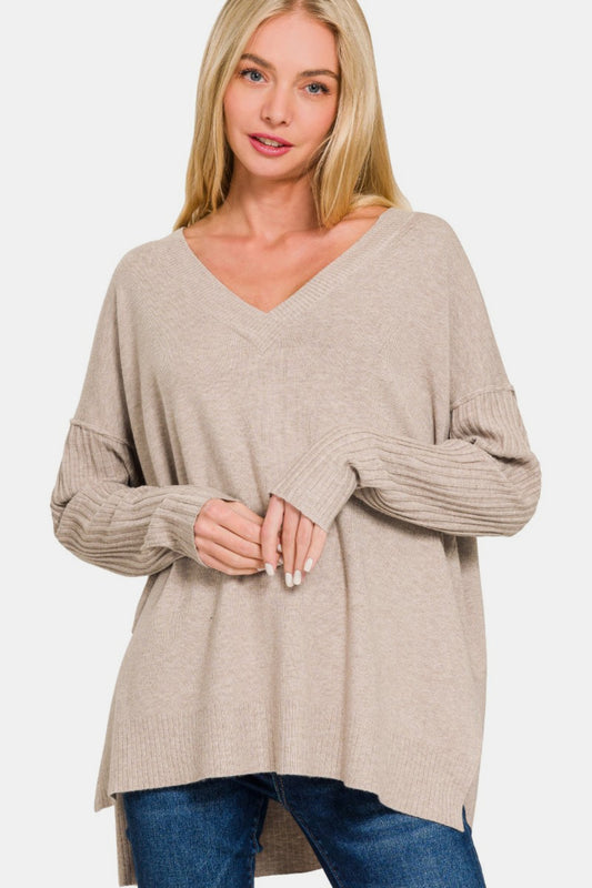 Zenana V-Neck Side Slit High-Low Sweater-TOPS / DRESSES-[Adult]-[Female]-H Mocha-S/M-2022 Online Blue Zone Planet