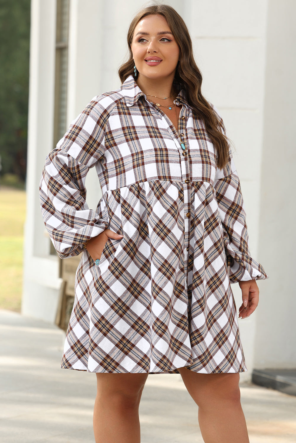 Blue Zone Planet | White Plaid Bubble Sleeve Flowy Shirt Dress-TOPS / DRESSES-[Adult]-[Female]-2022 Online Blue Zone Planet