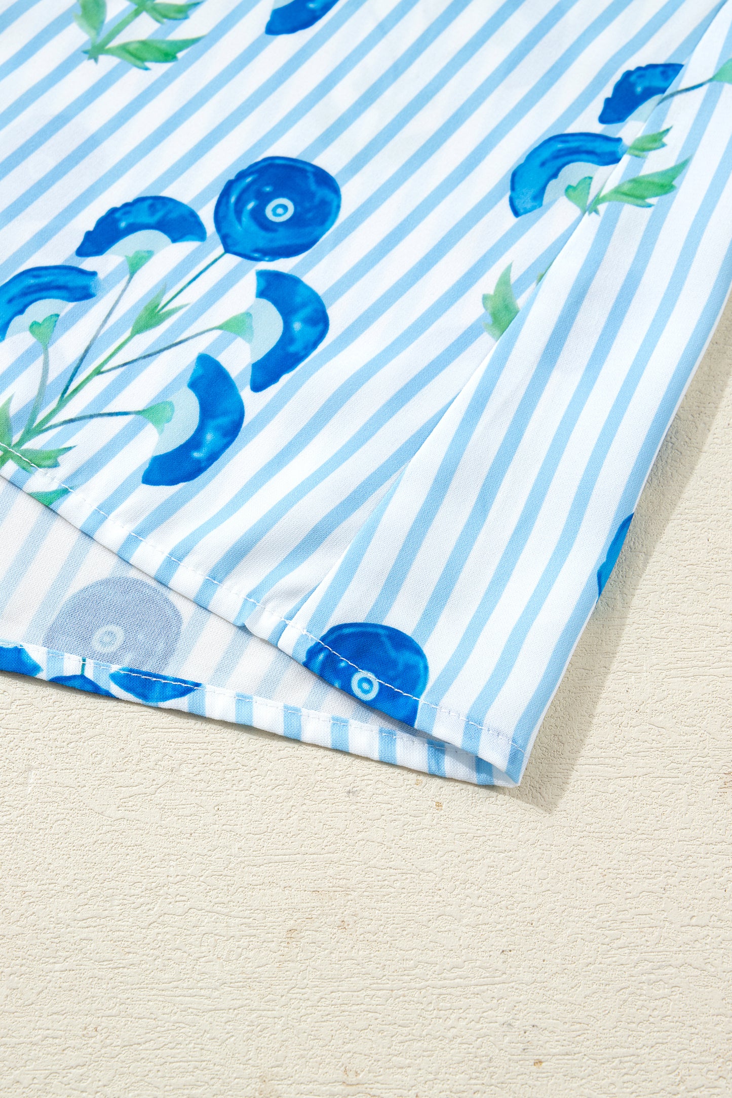 Sky Blue Floral Striped Bubble Short Sleeve Plus Size Dress-Plus Size/Plus Size Dresses/Plus Size Mini Dresses-[Adult]-[Female]-2022 Online Blue Zone Planet