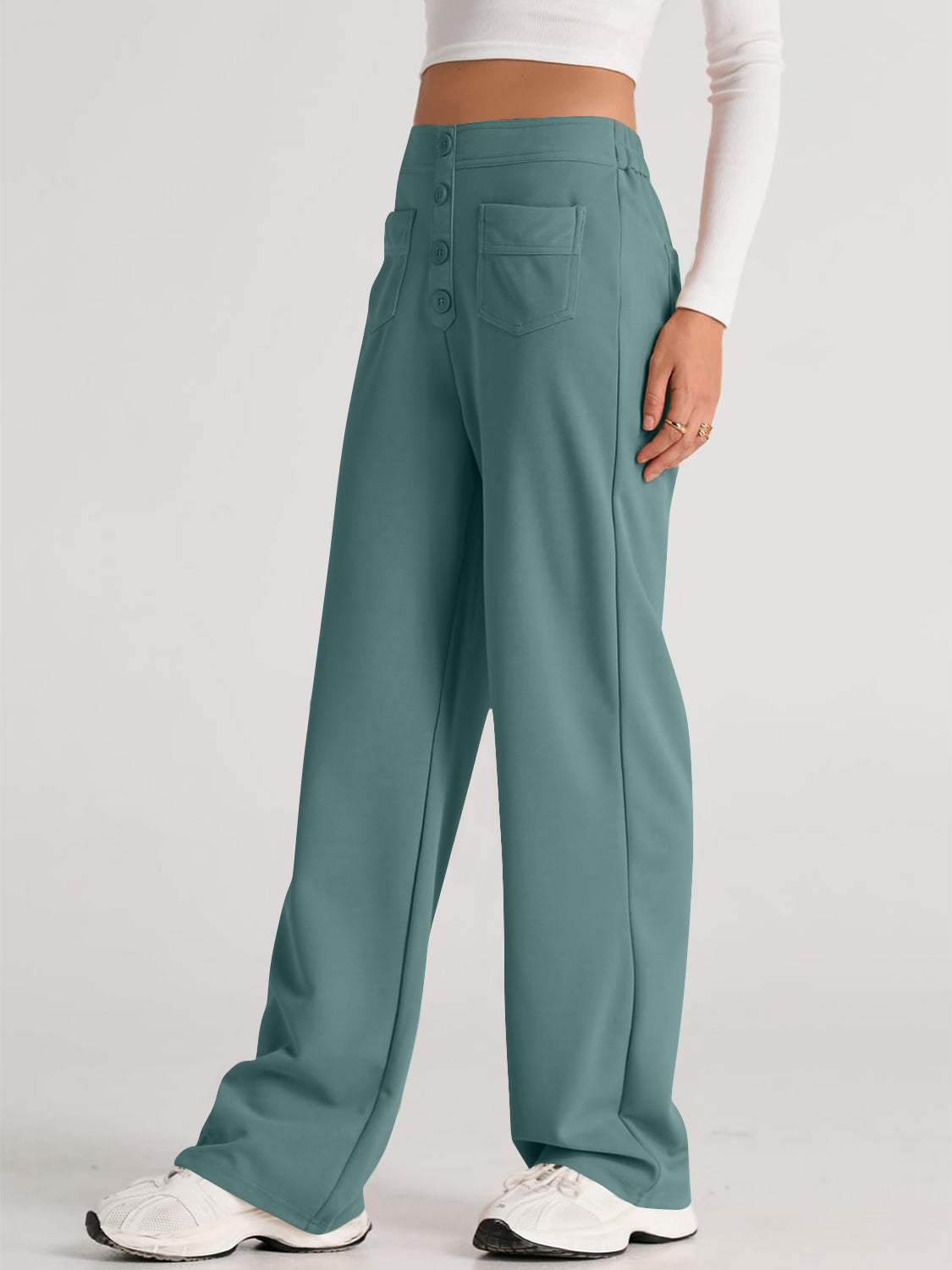 Blue Zone Planet | High Waist Wide Leg Pants-BOTTOMS SIZES SMALL MEDIUM LARGE-[Adult]-[Female]-Turquoise-S-2022 Online Blue Zone Planet