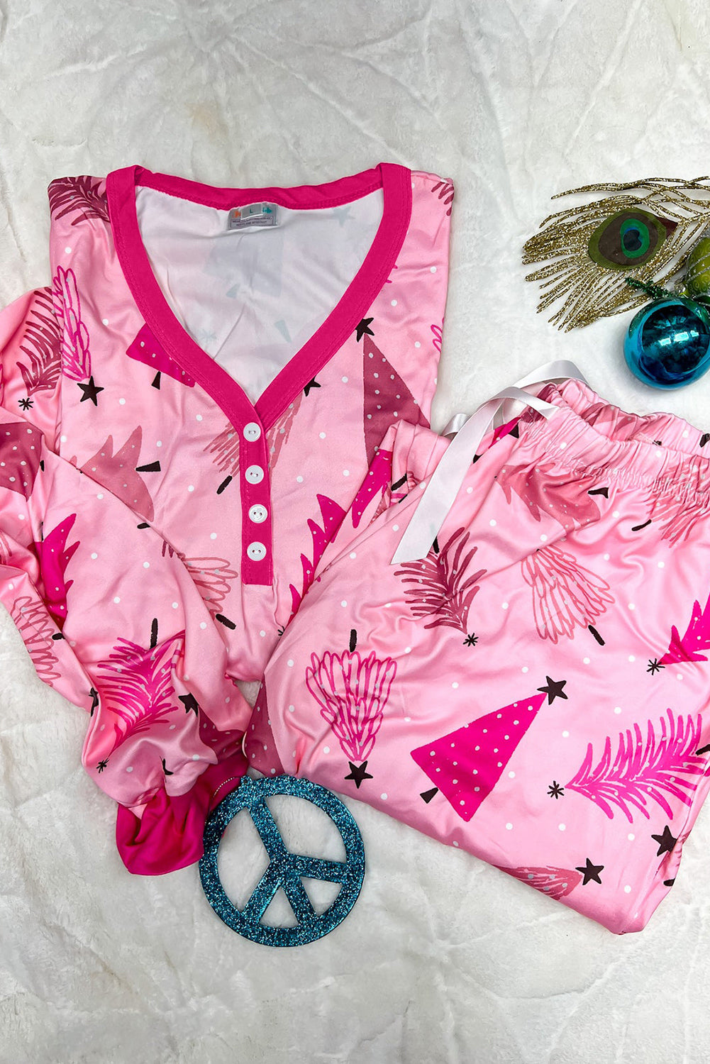 Pink Christmas Tree Print V Neck Buttoned Pullover and Pants Pajama Set-Loungewear Set-[Adult]-[Female]-2022 Online Blue Zone Planet
