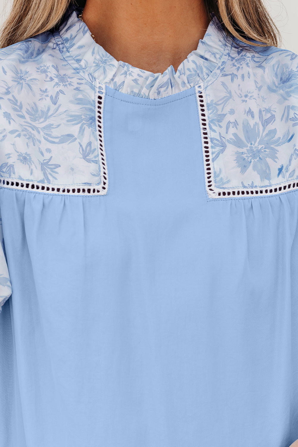 Beau Blue Lace Insert Floral Puff Sleeve Patchwork Loose Blouse-Tops/Blouses & Shirts-[Adult]-[Female]-2022 Online Blue Zone Planet