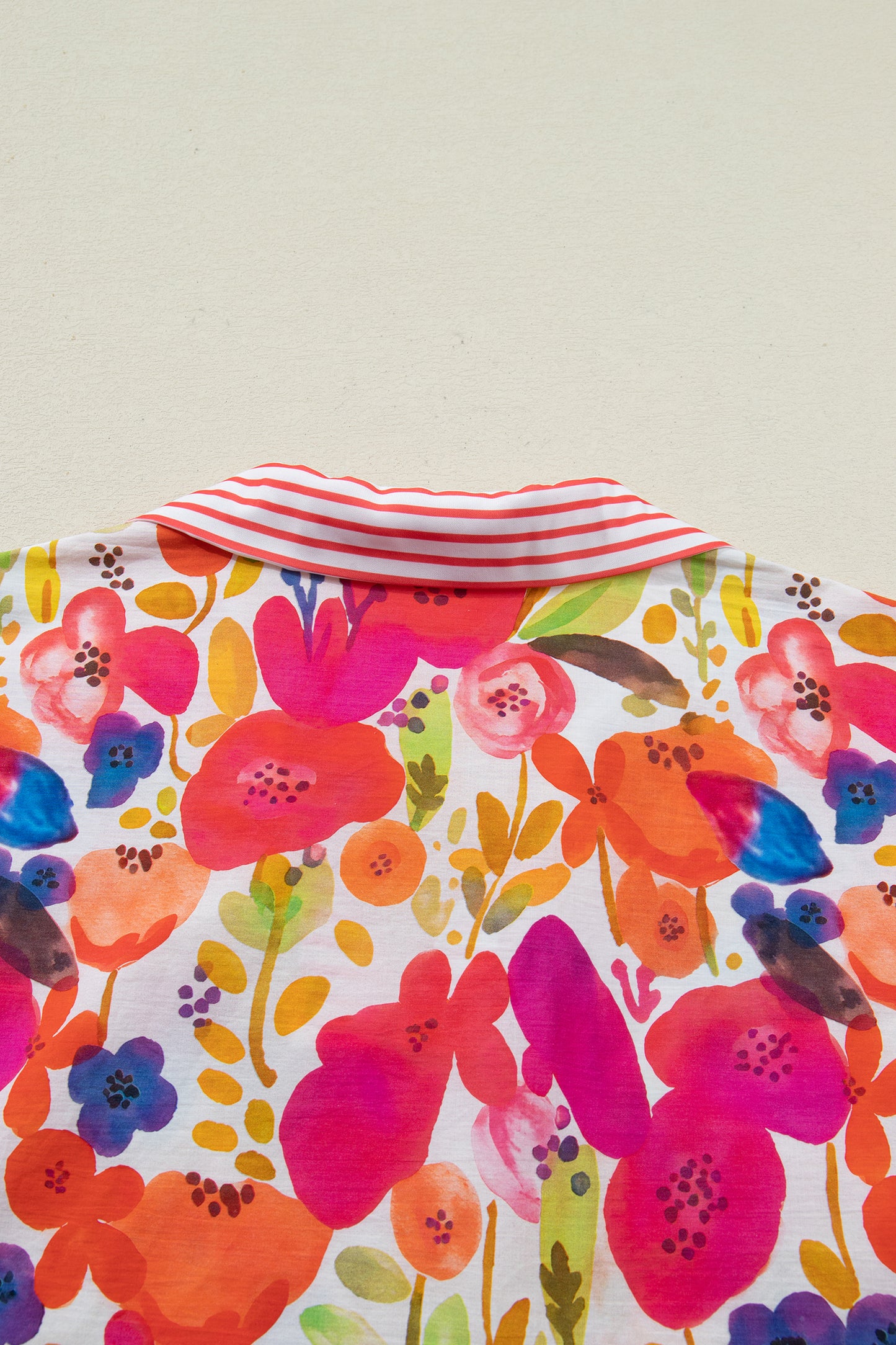 Rose Striped Trim Collared V Neck Short Sleeve Floral Print Blouse-Tops/Blouses & Shirts-[Adult]-[Female]-2022 Online Blue Zone Planet