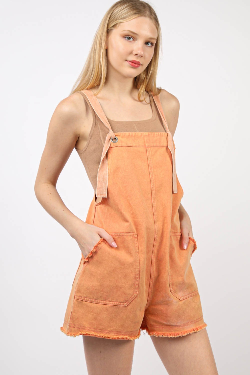 VERY J Washed Frayed Hem Denim Overall-TOPS / DRESSES-[Adult]-[Female]-Orange-S-2022 Online Blue Zone Planet