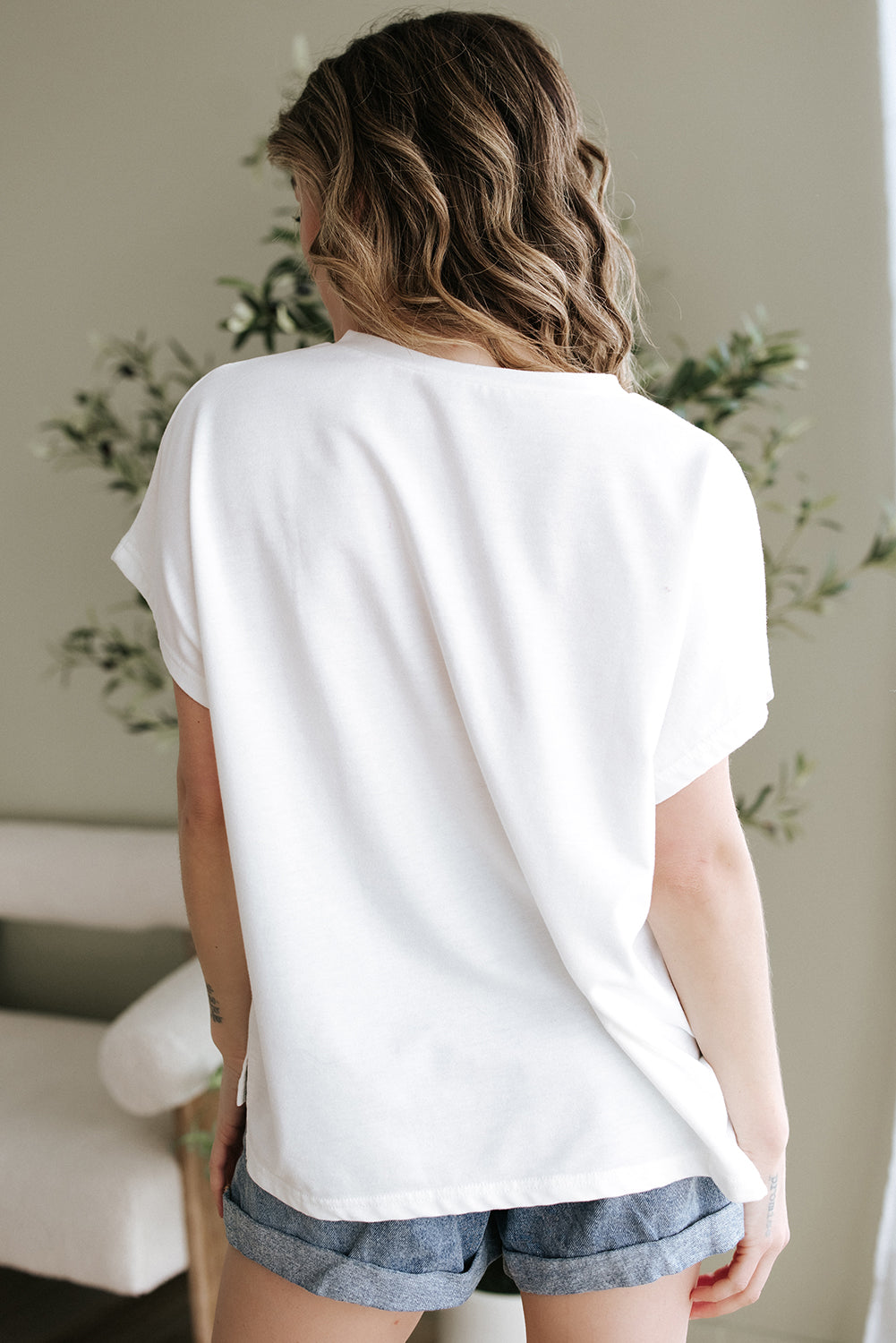 White Floral Applique Notched V Neck Dolman Sleeve Top-Tops/Tops & Tees-[Adult]-[Female]-2022 Online Blue Zone Planet