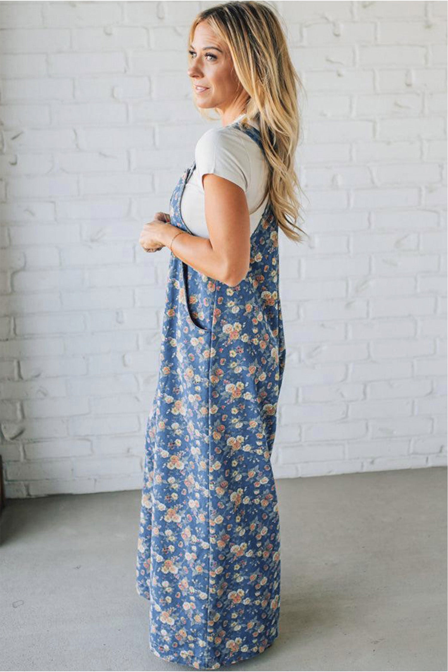 Blue Vintage Rose Printed Pleated Loose Denim Overall Jumpsuit-Bottoms/Jumpsuits & Rompers-[Adult]-[Female]-2022 Online Blue Zone Planet