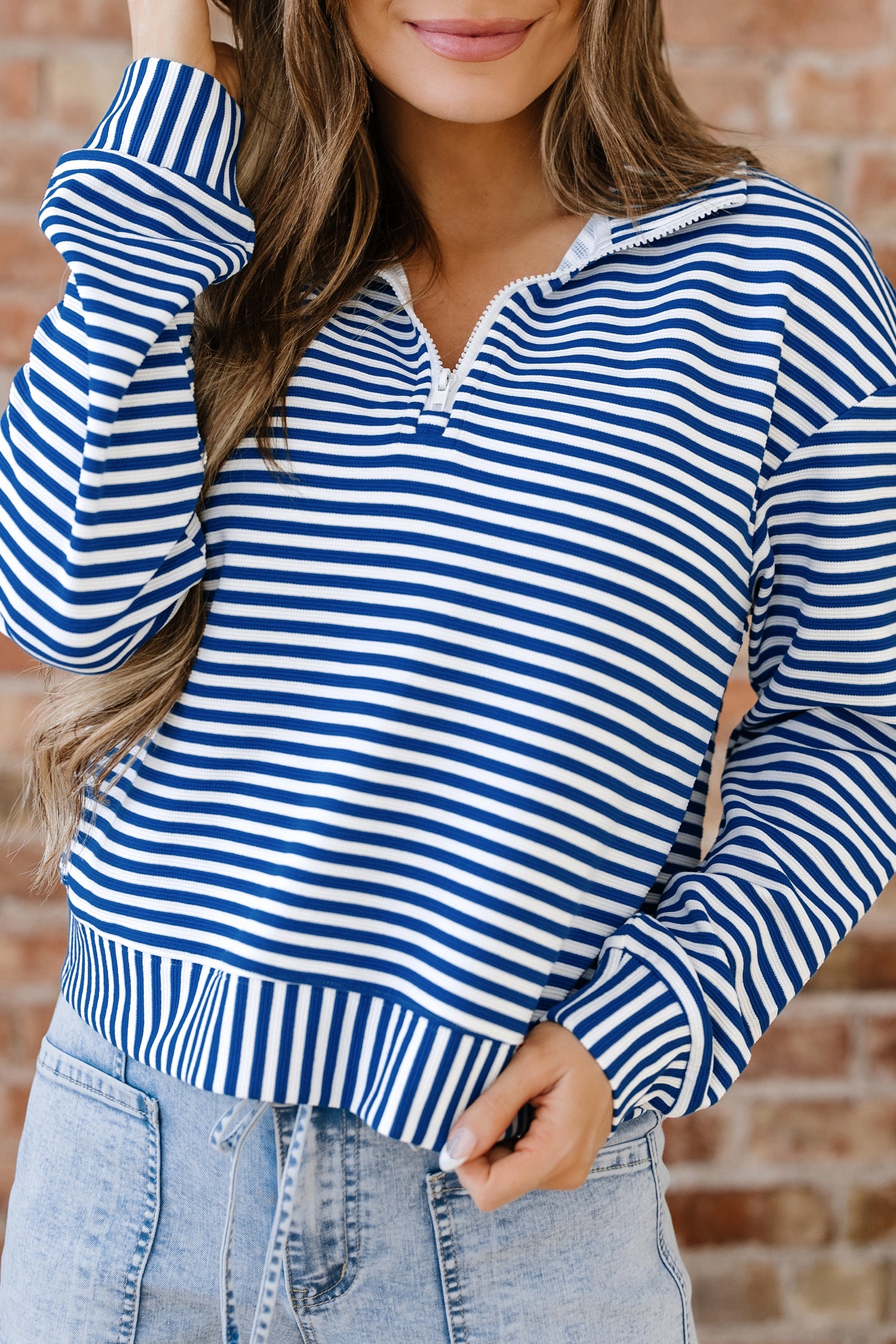 Green Stripe Quarter Zip Collar Pullover Long Sleeve Top-Tops/Long Sleeve Tops-[Adult]-[Female]-2022 Online Blue Zone Planet