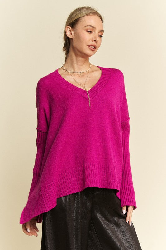 Davi & Dani Ribbed Side Slit V-Neck Sweater-TOPS / DRESSES-[Adult]-[Female]-Cerise-S-2022 Online Blue Zone Planet