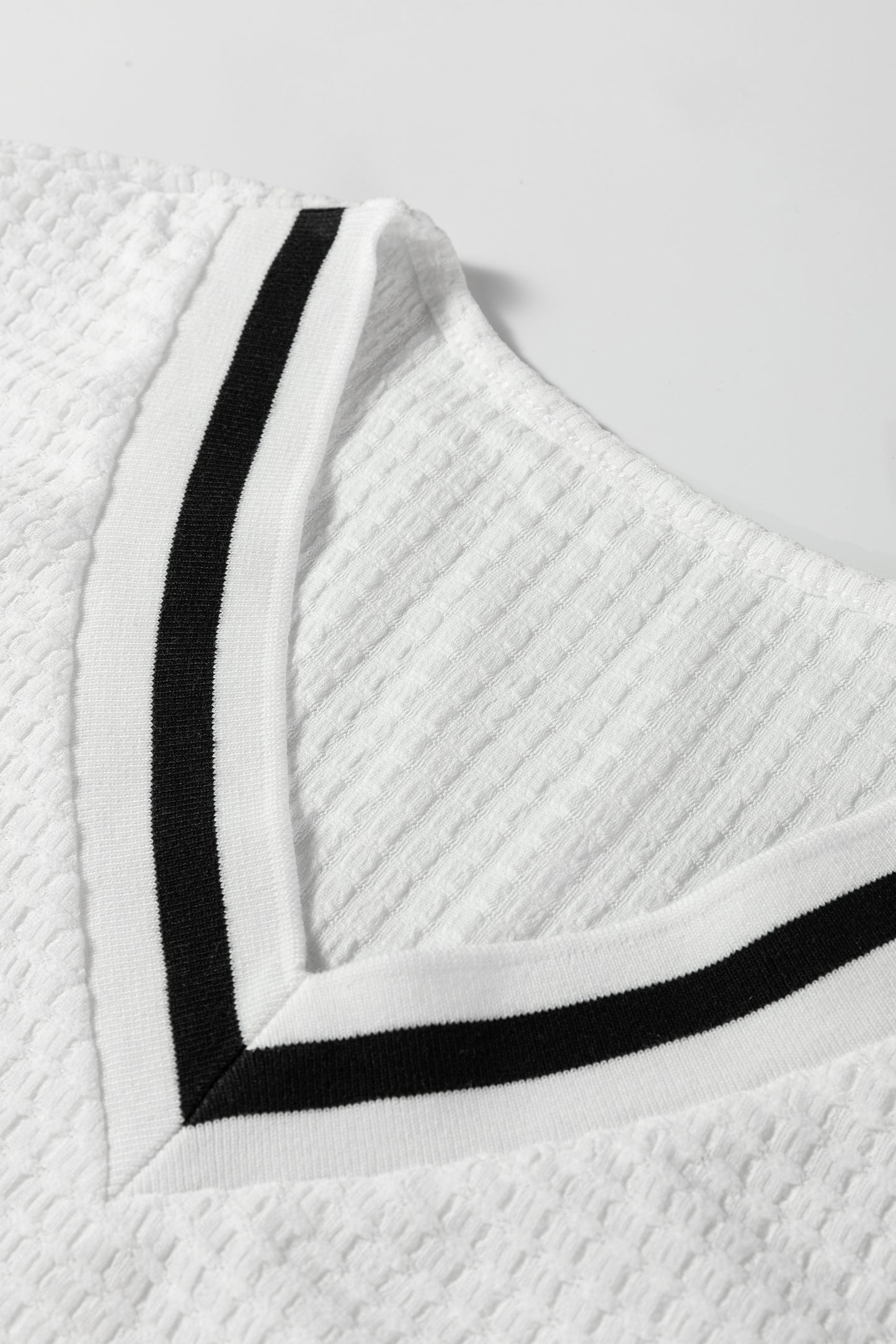 White Textured Knit Preppy Striped Trim V Neck Pullover Waffle Top-Tops/Long Sleeve Tops-[Adult]-[Female]-2022 Online Blue Zone Planet