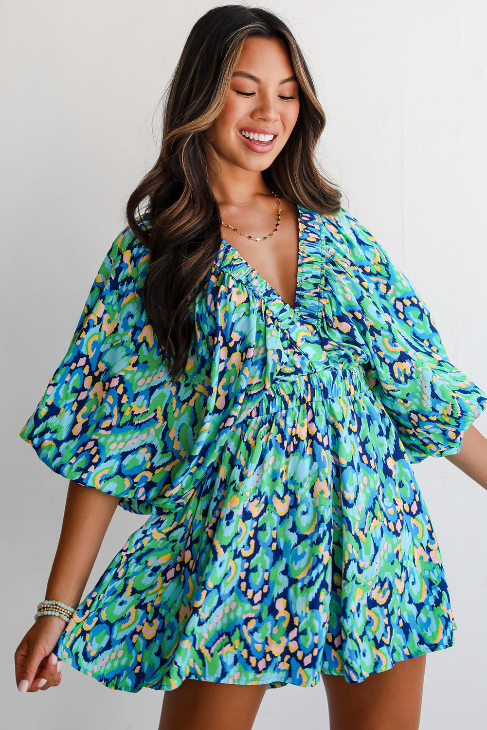 Green Abstract Print Puff Sleeve V Neck High Waist Romper-Bottoms/Jumpsuits & Rompers-[Adult]-[Female]-2022 Online Blue Zone Planet