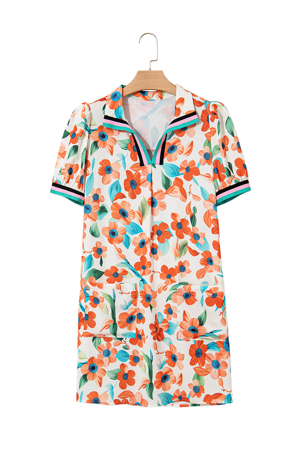 Orange Contrast Trim Floral Split Neck Puff Short Sleeve Tiered Mini Dress-TOPS / DRESSES-[Adult]-[Female]-2022 Online Blue Zone Planet
