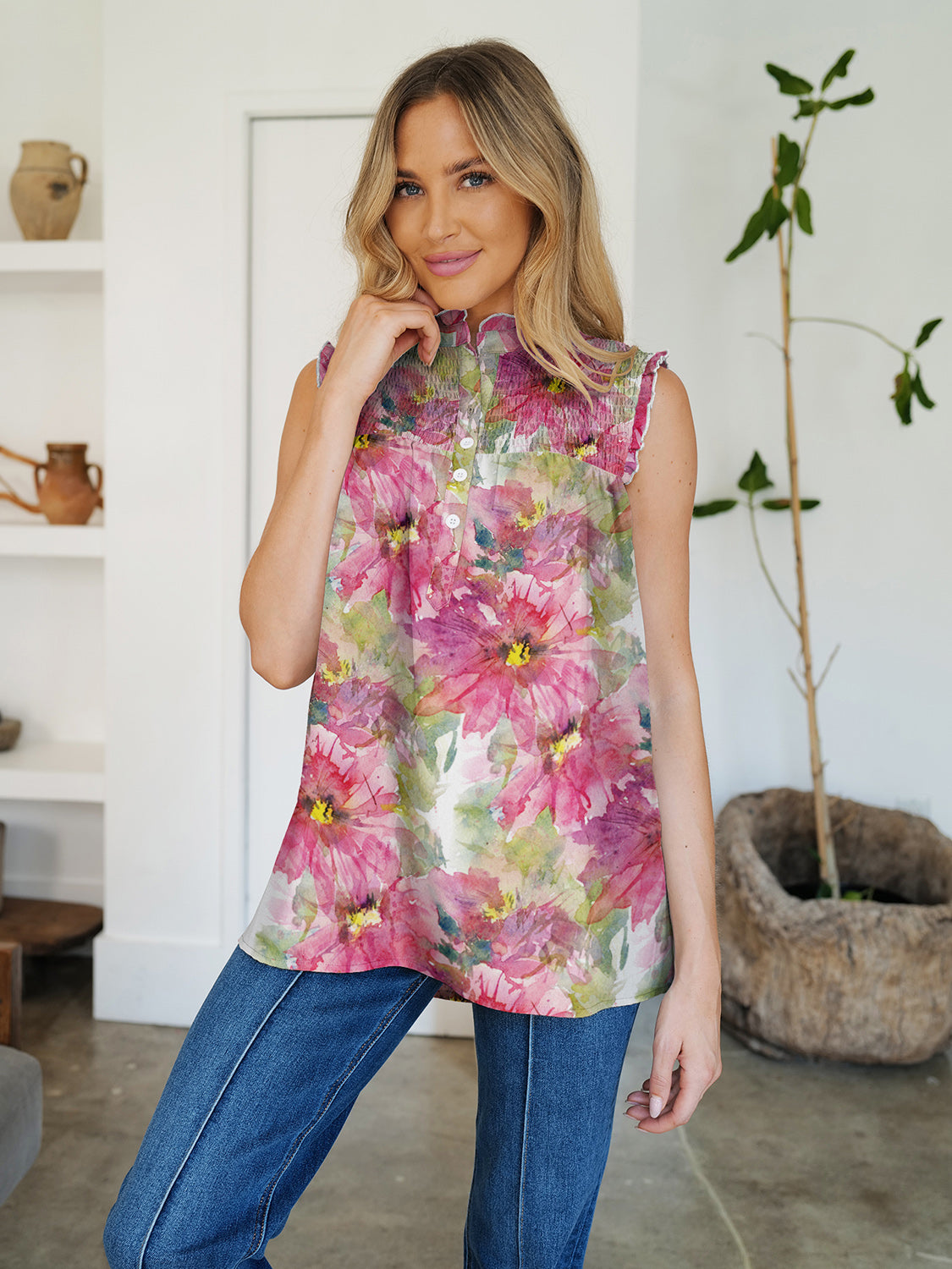 Blue Zone Planet | FAM-FAM Frill Printed Mock Neck Top-TOPS / DRESSES-[Adult]-[Female]-Deep Rose-S-2022 Online Blue Zone Planet