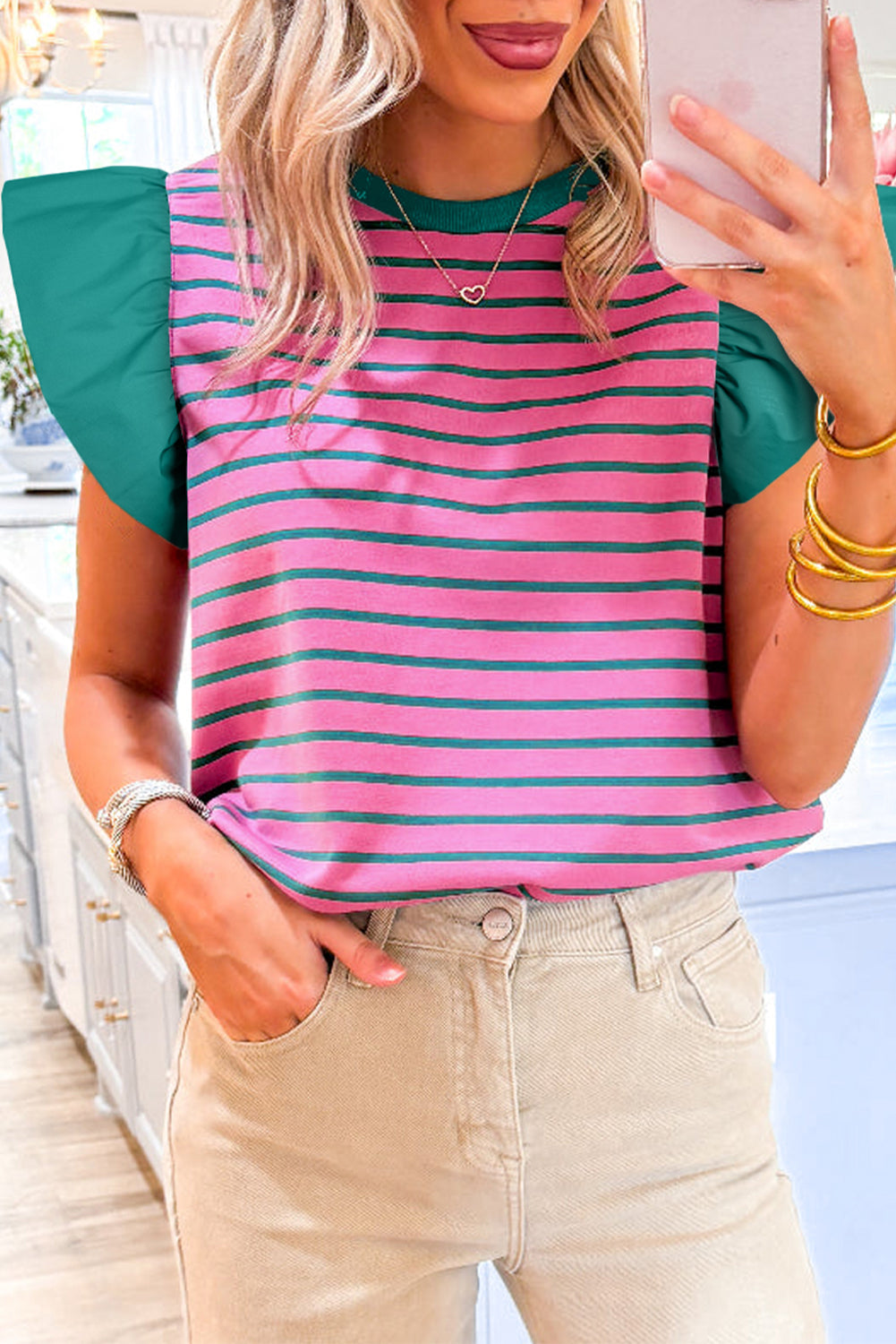 Pink Stripe Colorblock Ruffled Sleeve Crew Neck Blouse-Blouses-[Adult]-[Female]-Pink Stripe-S-2022 Online Blue Zone Planet