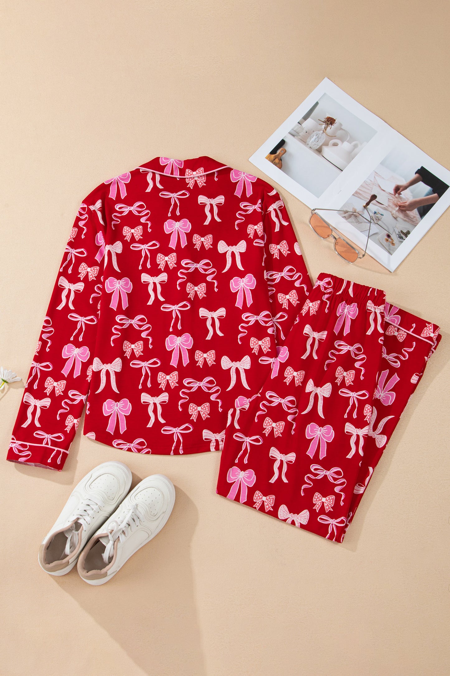 Red Sweet Bow Print Shirt Style Top Long 2pcs Pajama Set-Loungewear & Sleepwear/Sleepwear-[Adult]-[Female]-2022 Online Blue Zone Planet