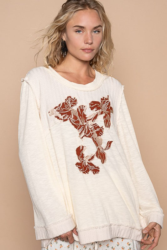 Blue Zone Planet | POL Embroidered Round Neck Long Sleeve Knit Top-TOPS / DRESSES-[Adult]-[Female]-Cream-S-2022 Online Blue Zone Planet