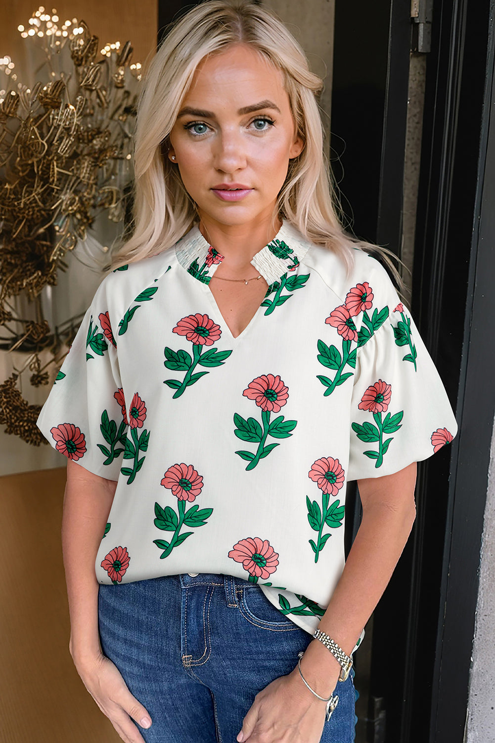 Beige Floral Print Shirred Split Neck Short Sleeve Blouse-Tops/Blouses & Shirts-[Adult]-[Female]-2022 Online Blue Zone Planet