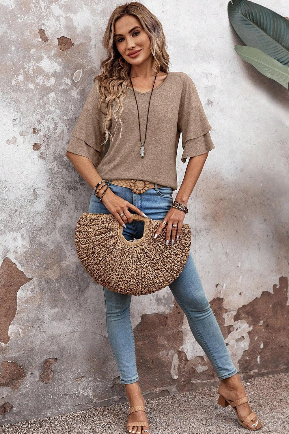 Dune Solid Colour V-Neck Double Layer Sleeve Loose T-Shirt-Tops/Tops & Tees-[Adult]-[Female]-2022 Online Blue Zone Planet