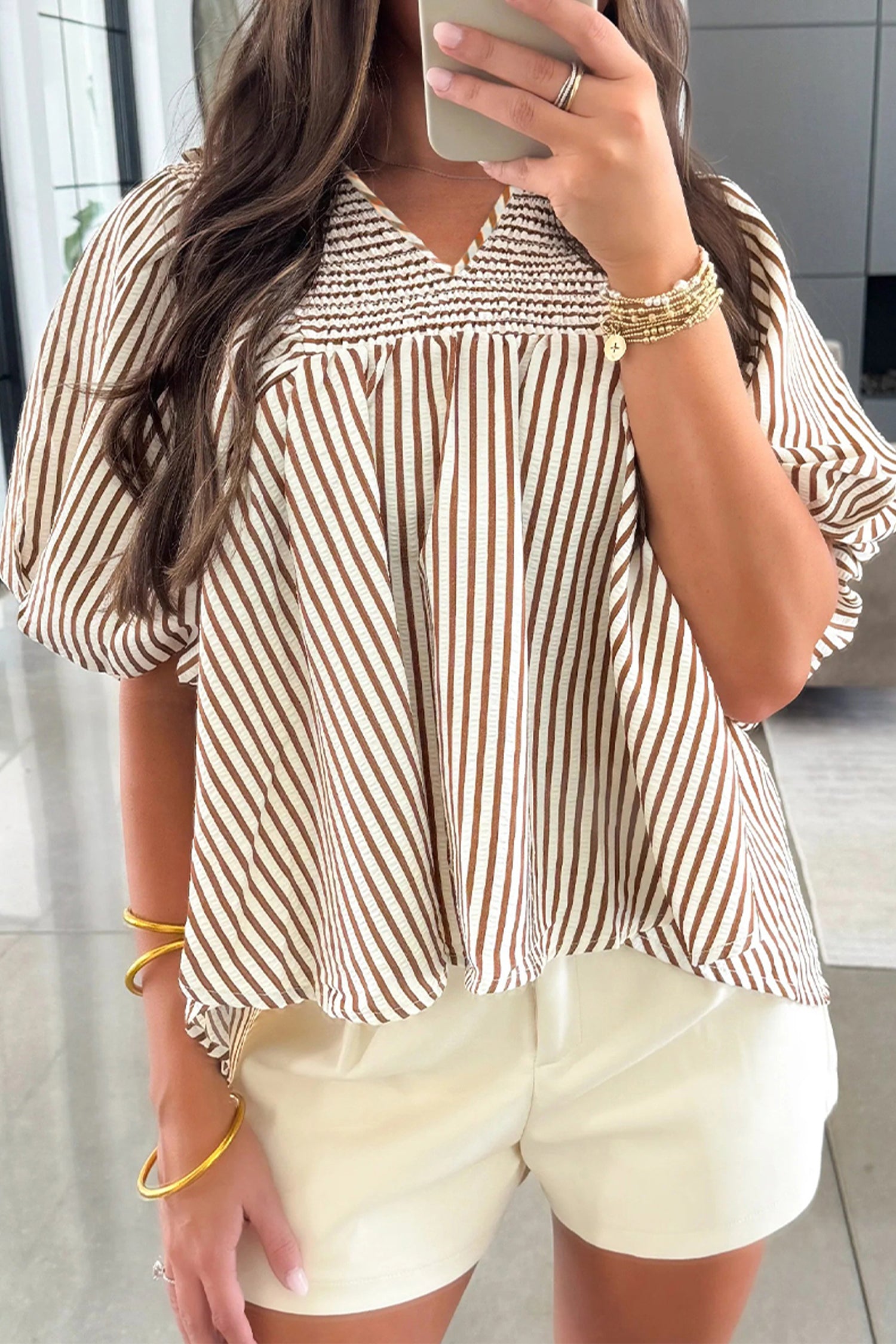 Brown Stripe Shirred V Neck Short Puff Sleeve Blouse-Tops/Blouses & Shirts-[Adult]-[Female]-Brown Stripe-S-2022 Online Blue Zone Planet