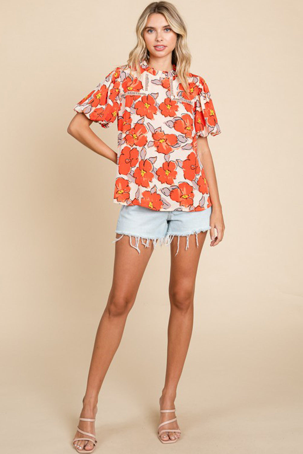 Orange Floral Bubble Sleeve Frill Neck Loose Blouse-Tops/Blouses & Shirts-[Adult]-[Female]-2022 Online Blue Zone Planet