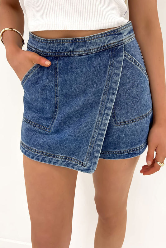 Ashleigh Blue Faux Wrapped Mini Denim Skort-Bottoms/Denim Shorts-[Adult]-[Female]-Ashleigh Blue-4-2022 Online Blue Zone Planet
