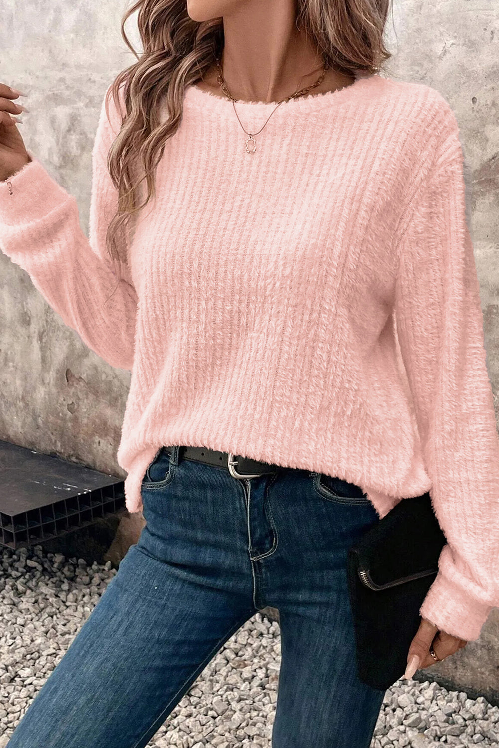 Light Pink Fuzzy Ribbed Texture Round Neck Long Sleeve Top-Tops/Long Sleeve Tops-[Adult]-[Female]-2022 Online Blue Zone Planet