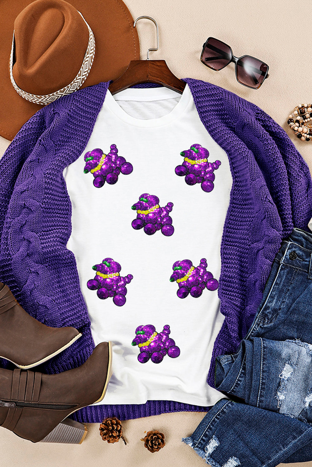White Sequin Balloon Puppy Graphic Mardi Gras Tee-Graphic/Graphic Tees-[Adult]-[Female]-2022 Online Blue Zone Planet