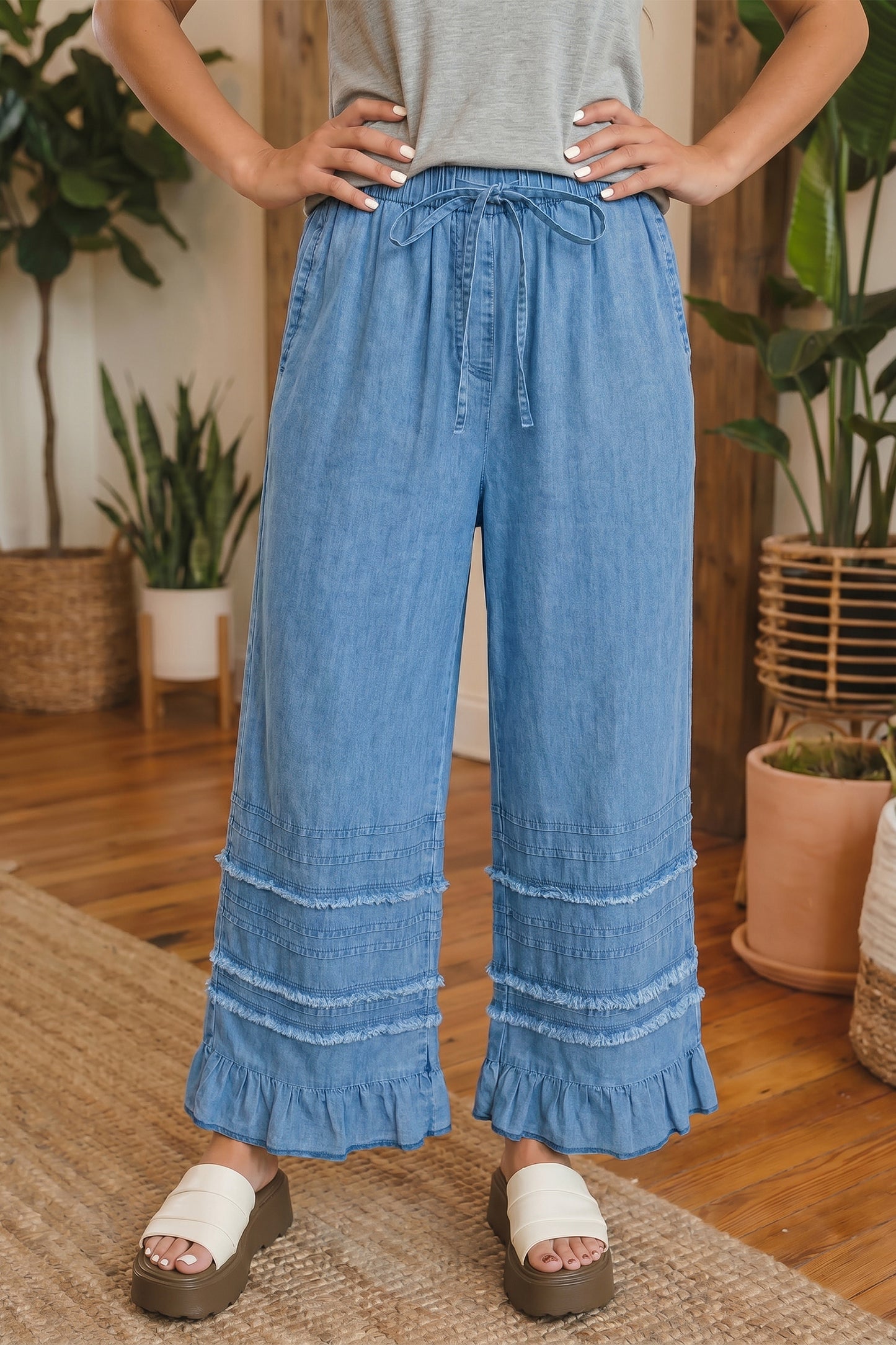 Dusk Blue Ruffled Hem Wide Leg Chambray Pants-Bottoms/Pants & Culotte-[Adult]-[Female]-2022 Online Blue Zone Planet