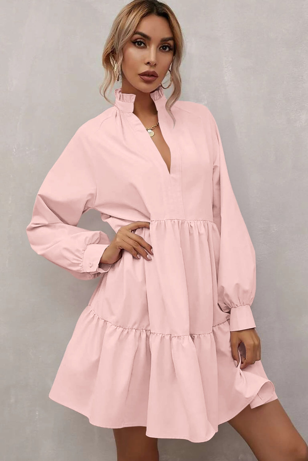 Blue Zone Planet | Pink Frilled Stand Collar Long Sleeve Ruffle Dress-TOPS / DRESSES-[Adult]-[Female]-2022 Online Blue Zone Planet