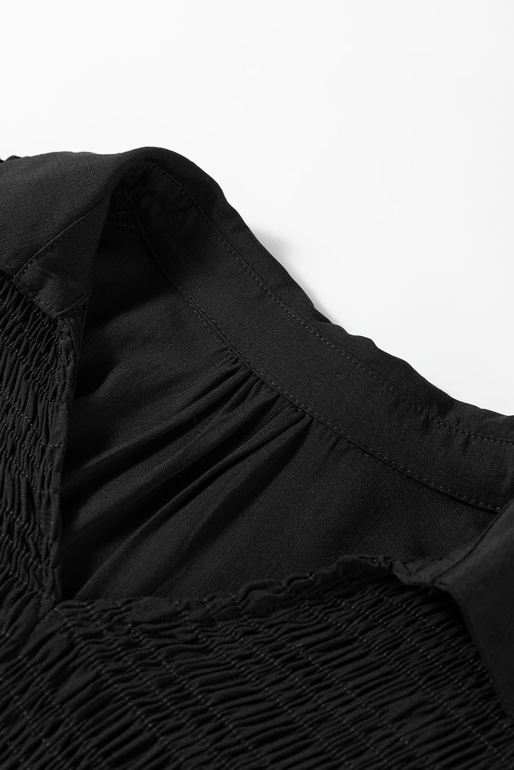 Black Collared V Neck Smocked Detail Contrast Leopard Trim Bracelet Sleeve Long Dress