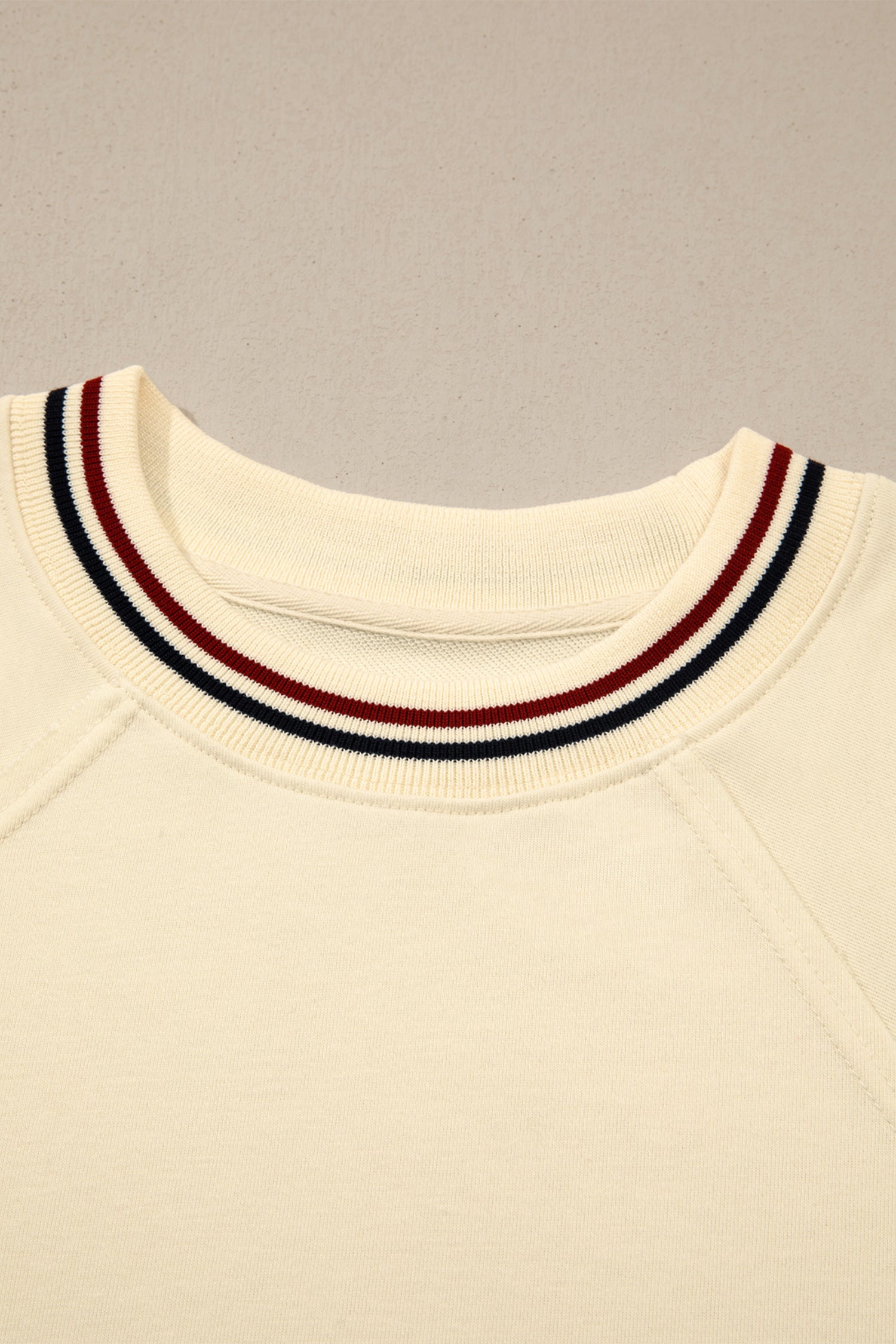 Beige Contrast Varsity Striped Neckline Cuffed Short Sleeve Loose Tunic Top-Tops/Tops & Tees-[Adult]-[Female]-2022 Online Blue Zone Planet