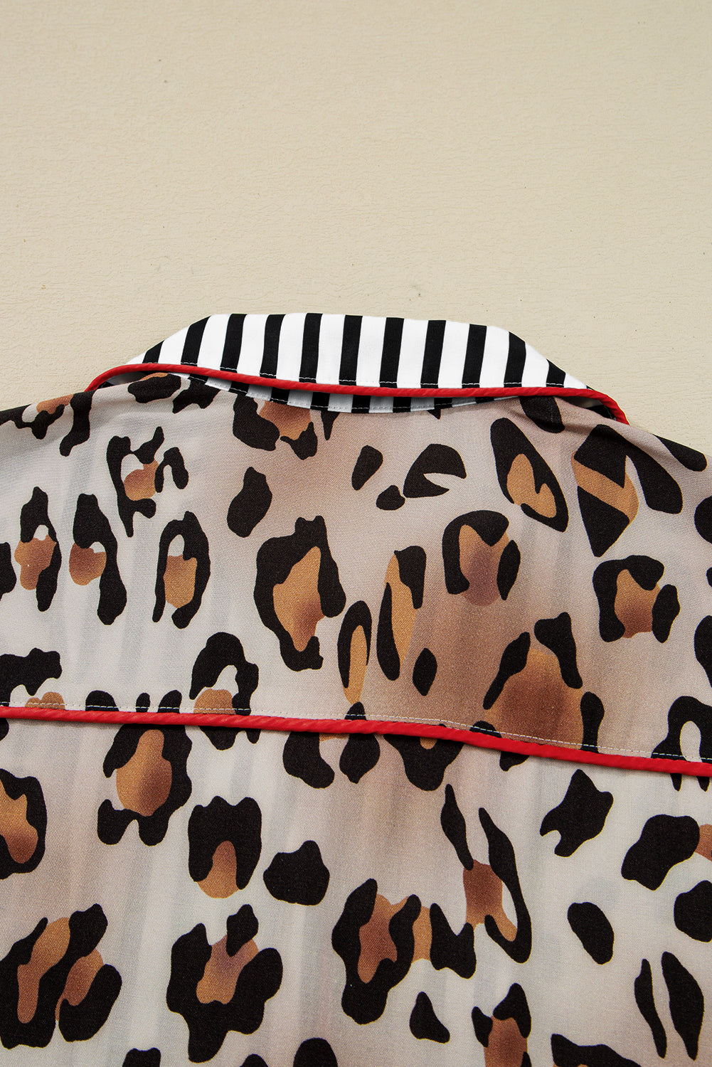 Khaki Leopard Print Colorblock Striped Edge Shirt and Pants Pajama Set-Loungewear & Sleepwear/Sleepwear-[Adult]-[Female]-2022 Online Blue Zone Planet