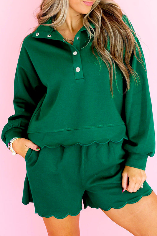 Blackish Green Embroidered Scallop Trim Half Button Pullover Casual Shorts Set-Two Piece Sets/Short Sets-[Adult]-[Female]-Blackish Green-S-2022 Online Blue Zone Planet