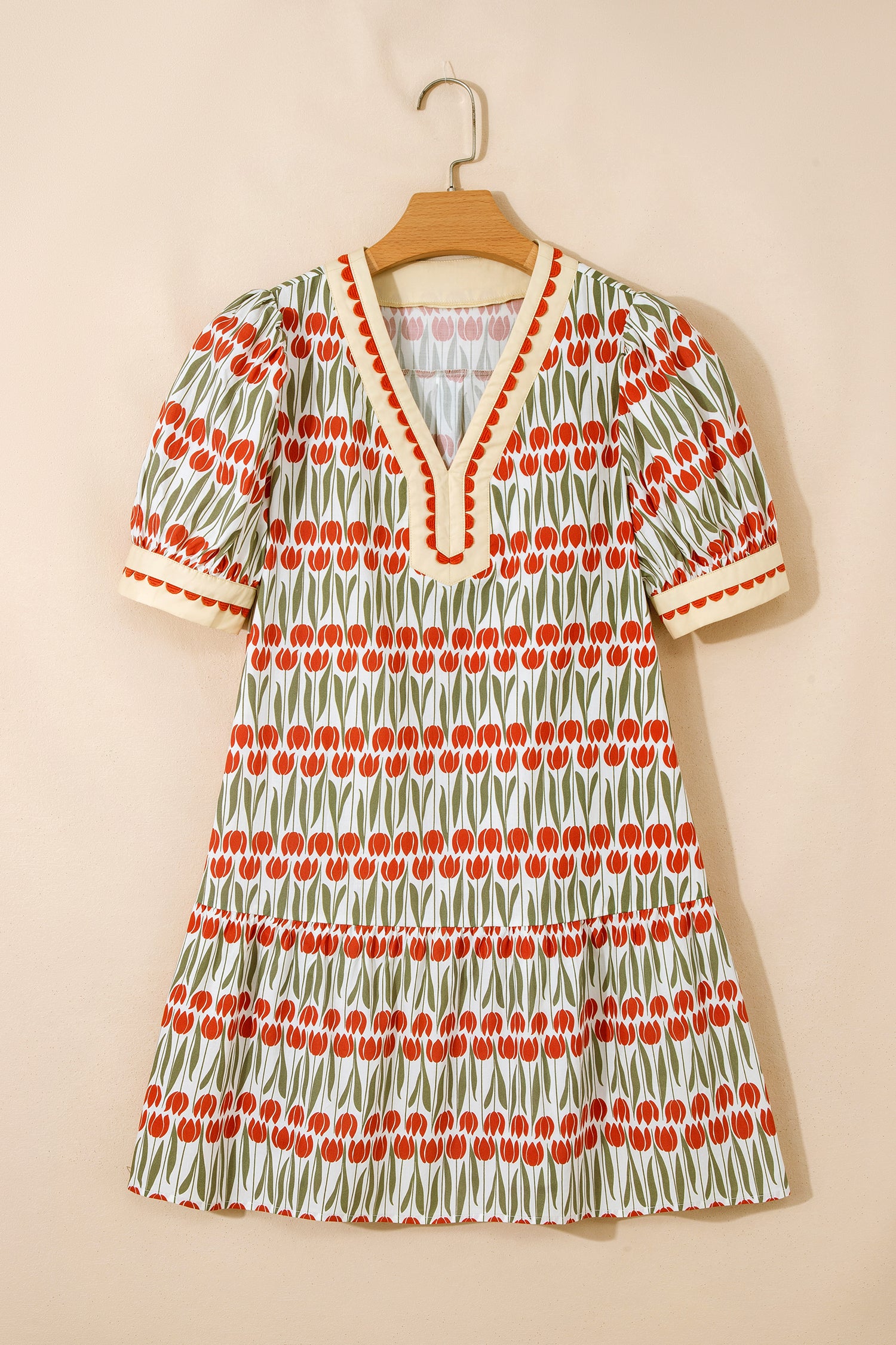 White Tulip Floral Print Cotton Puff Short Sleeve Mini Dress-Dresses/Floral Dresses-[Adult]-[Female]-2022 Online Blue Zone Planet