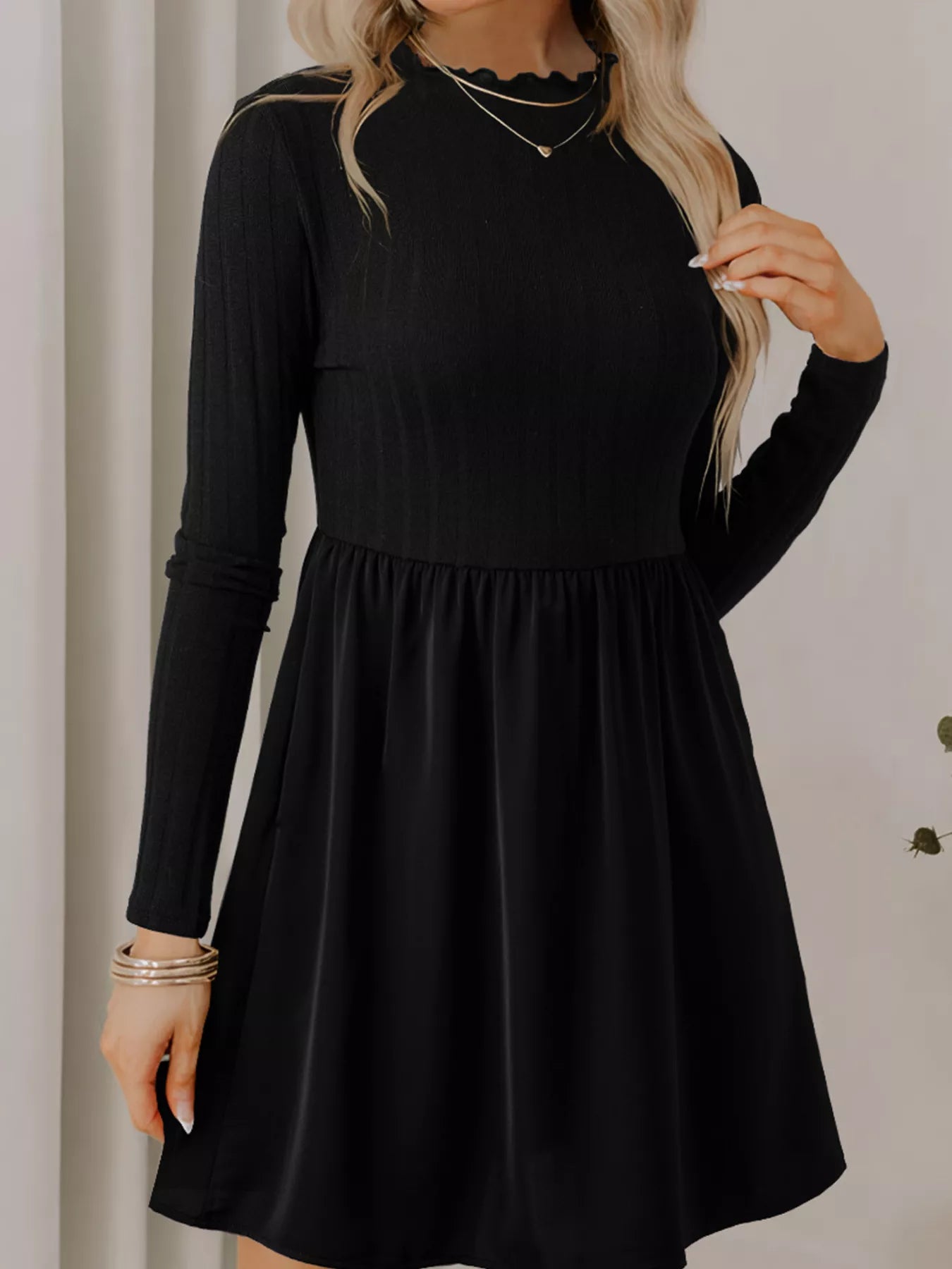Black Frilled Neck Ribbed Knit Patchwork Long Sleeve Mini Dress Black / S / 97%Polyester+3%Elastane Black Frilled Neck Ribbed Knit Patchwork Long Sleeve Mini Dress Black / S / 97%Polyester+3%Elastane