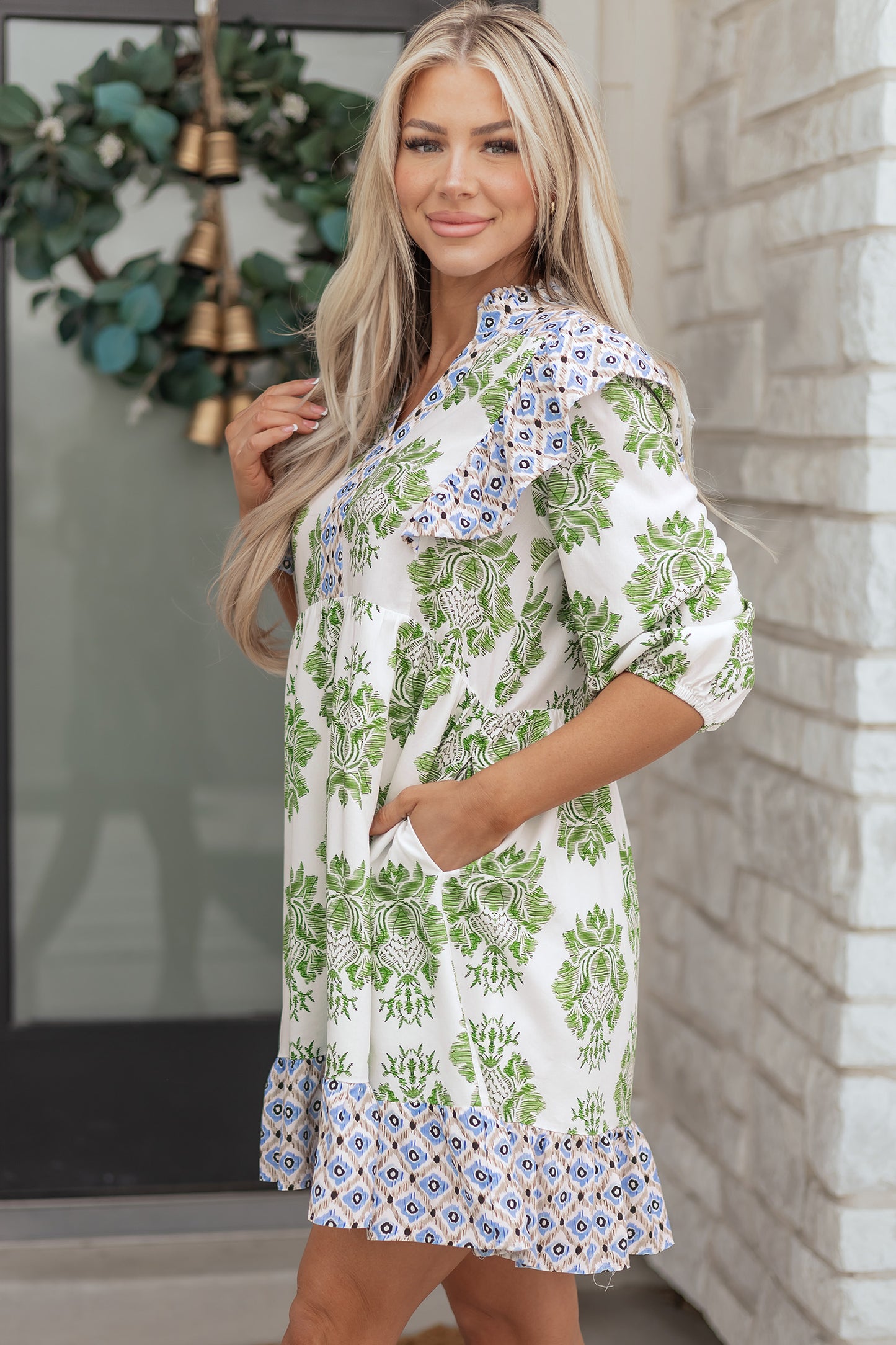 Green Floral Print Contrast Patchwork Ruffle Detail Mini Dress-TOPS / DRESSES-[Adult]-[Female]-2022 Online Blue Zone Planet