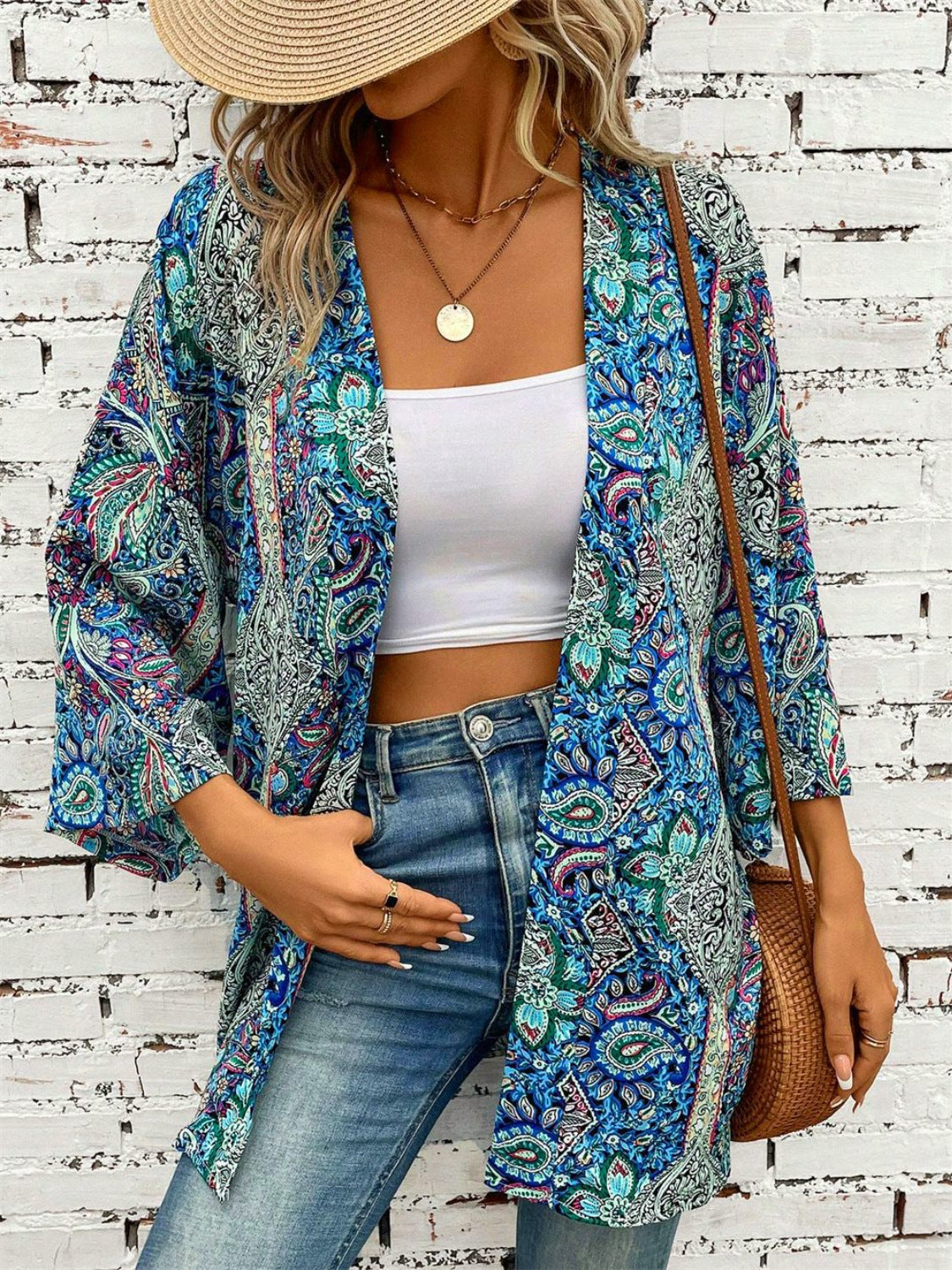 Printed Open Front Three-Quarter Sleeve Cover Up-TOPS / DRESSES-[Adult]-[Female]-Teal-One Size-2022 Online Blue Zone Planet