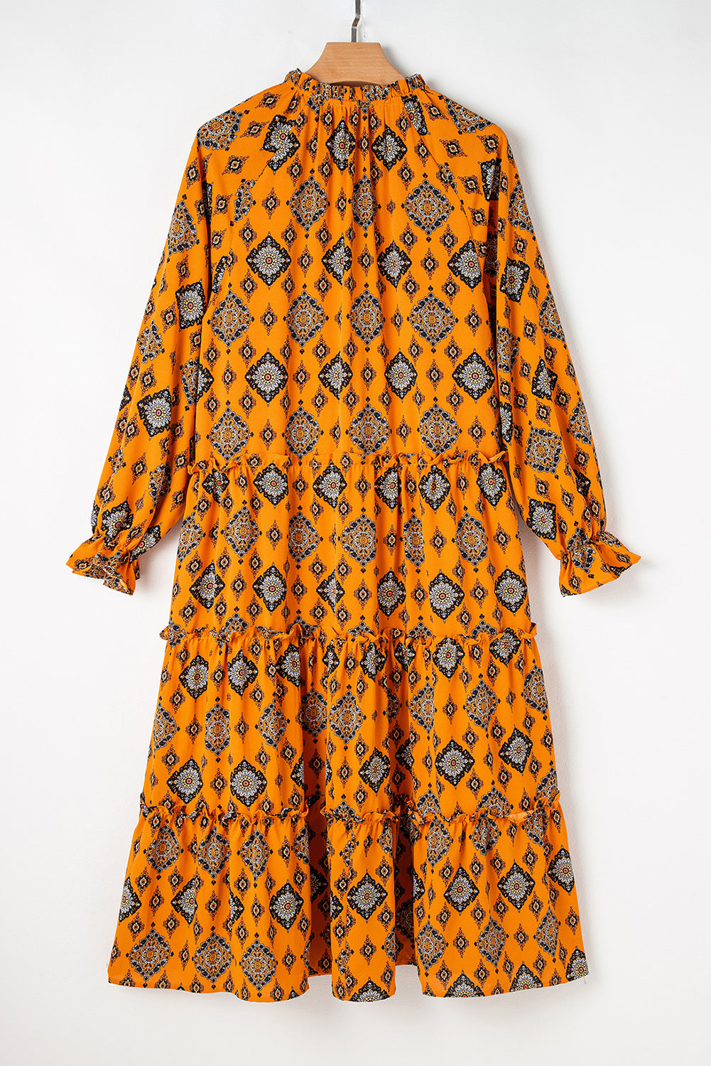 Blue Zone Planet | Orange Western Geometric Print Tiered Frilled Loose Fit Midi Dress-TOPS / DRESSES-[Adult]-[Female]-2022 Online Blue Zone Planet