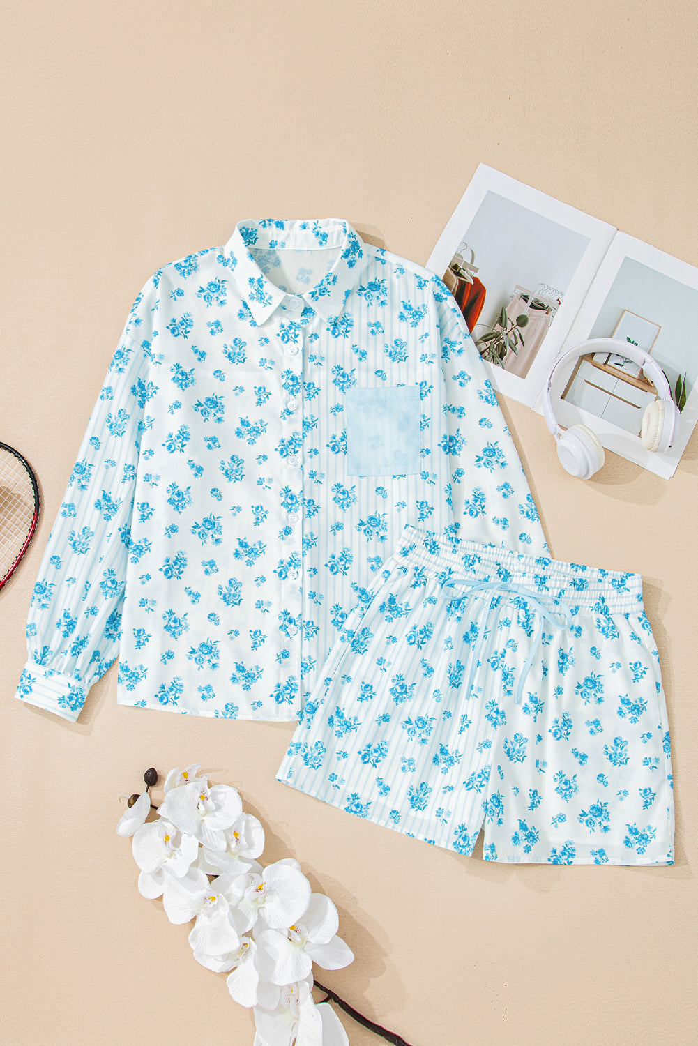 Sky Blue Floral Striped Print Contrast Patched Pocket Shirt and Shorts Set-Two Piece Sets/Short Sets-[Adult]-[Female]-2022 Online Blue Zone Planet