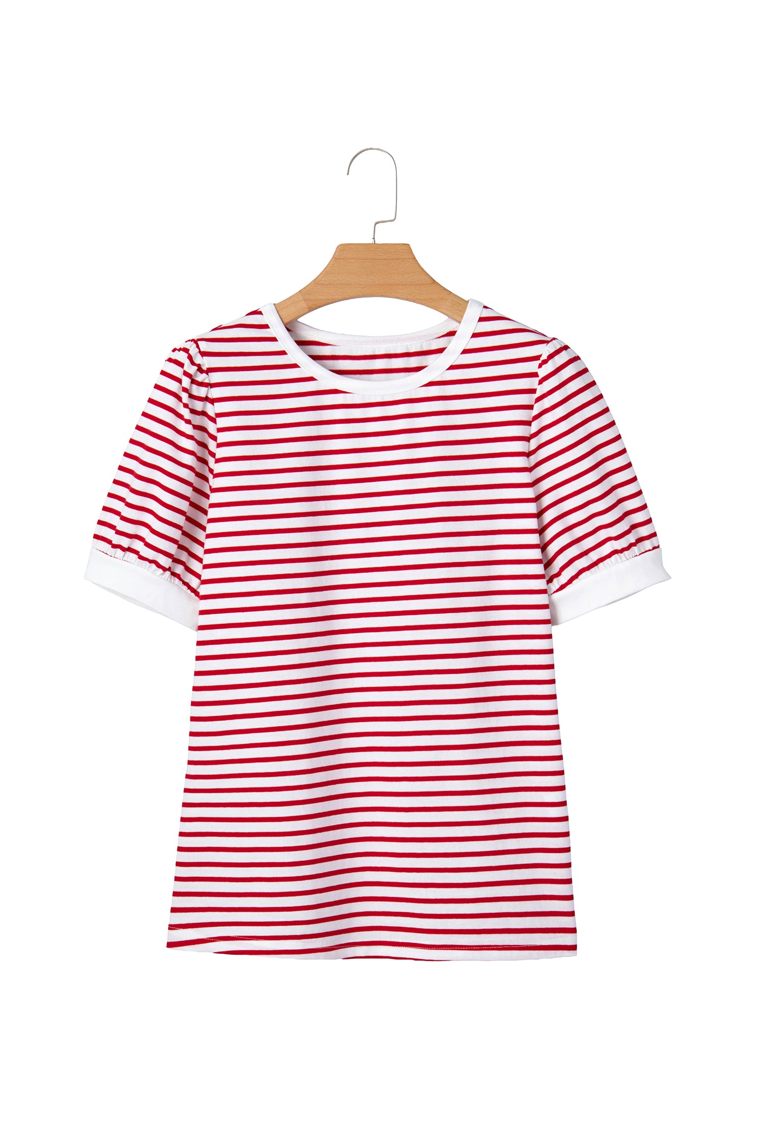 Red Stripe Contrast Trim Round Neck Short Puff Sleeve T Shirt-Tops/Tops & Tees-[Adult]-[Female]-2022 Online Blue Zone Planet