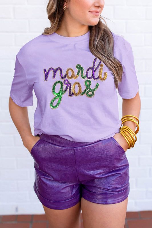 White Sequin mardi gras Letter Print Crewneck Tee-Graphic Tees-[Adult]-[Female]-Wisteria-S-2022 Online Blue Zone Planet