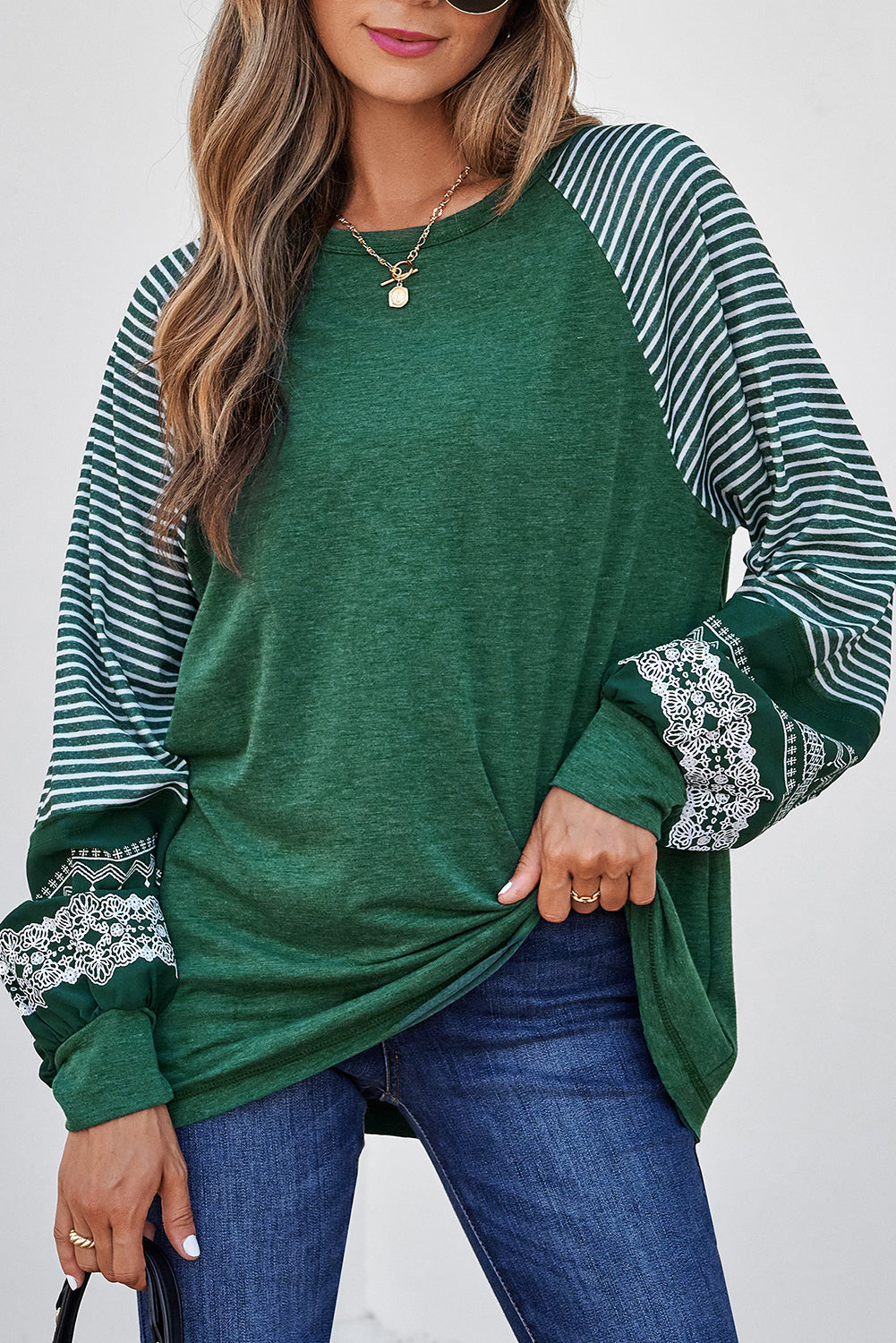 Navy Blue Contrast Print Striped Raglan Long Sleeve Loose Top-Tops/Long Sleeve Tops-[Adult]-[Female]-Blackish Green-S-2022 Online Blue Zone Planet