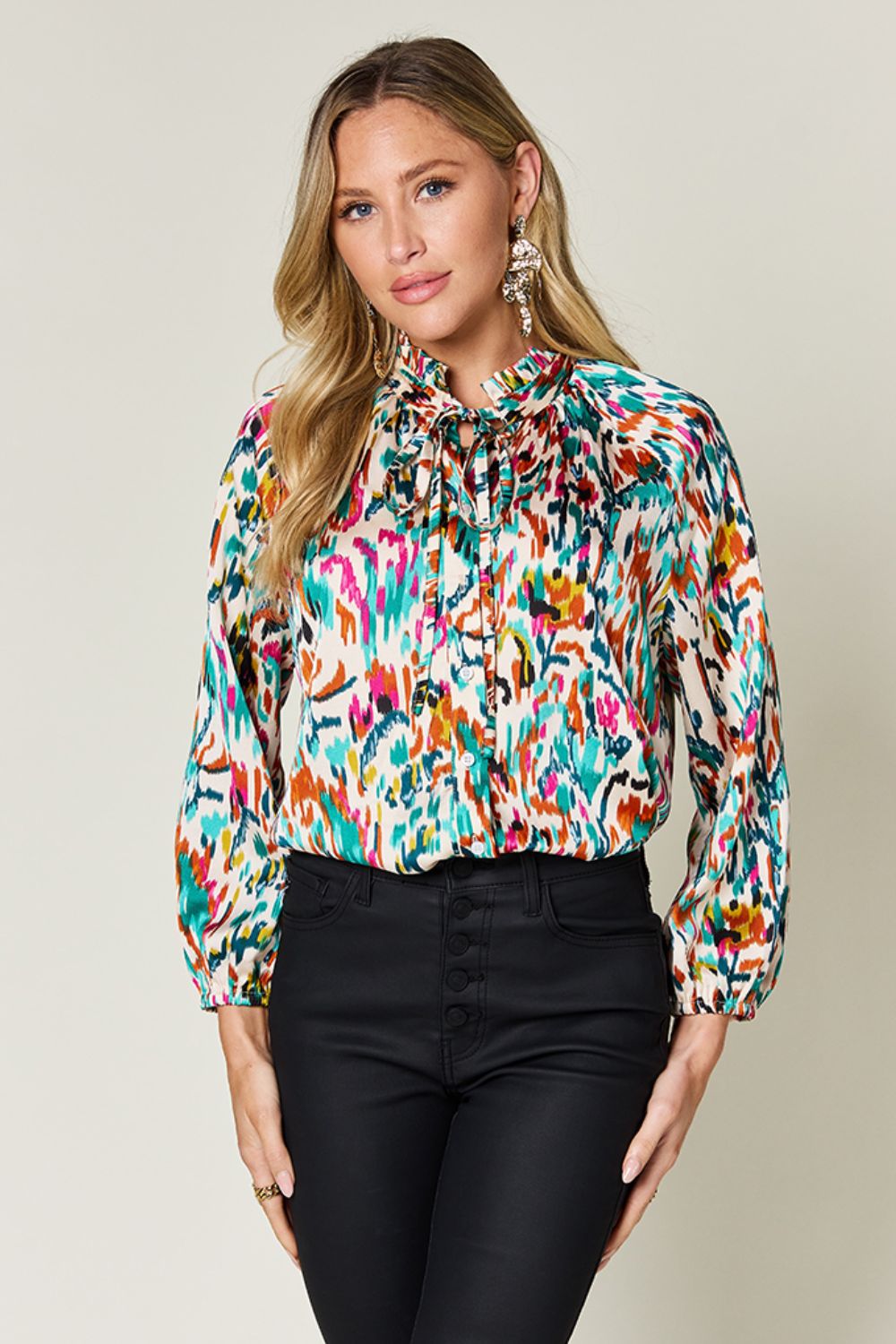 Double Take Full Size Printed Button Up Long Sleeve Shirt-TOPS / DRESSES-[Adult]-[Female]-Teal-S-2022 Online Blue Zone Planet