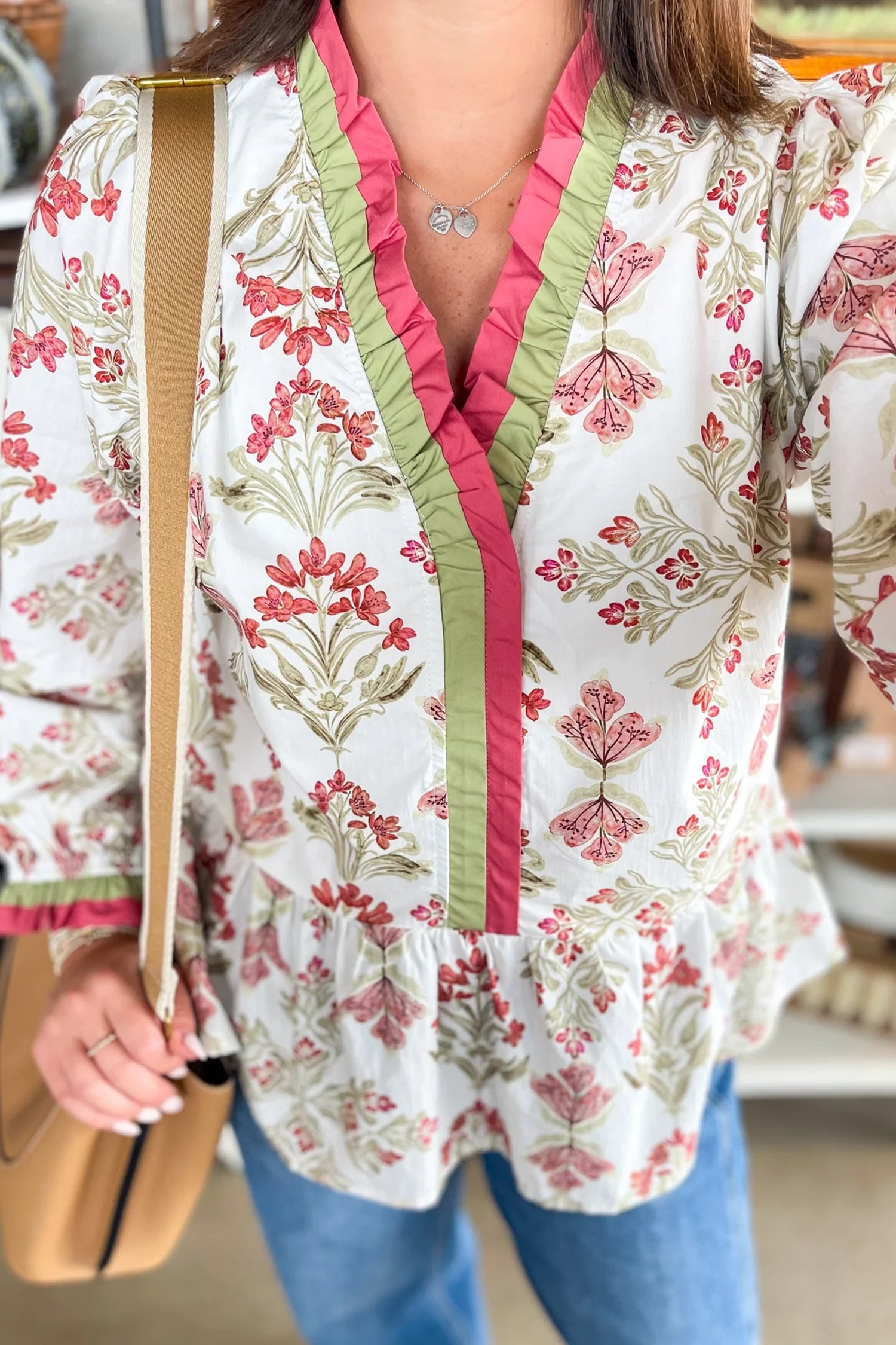 Floral Print Frilled Color Block Trim V Neck Long Sleeve Peplum Top-Tops/Blouses & Shirts-[Adult]-[Female]-2022 Online Blue Zone Planet