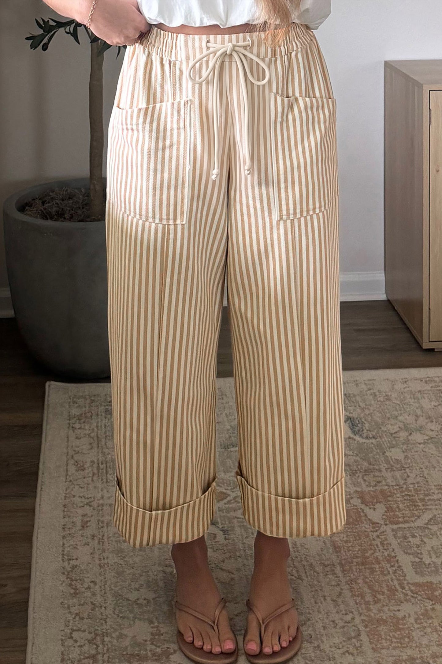 Apricot Stripe Ribbon Drawstring Waist Full-Length Shift Pant-Bottoms/Pants & Culotte-[Adult]-[Female]-2022 Online Blue Zone Planet