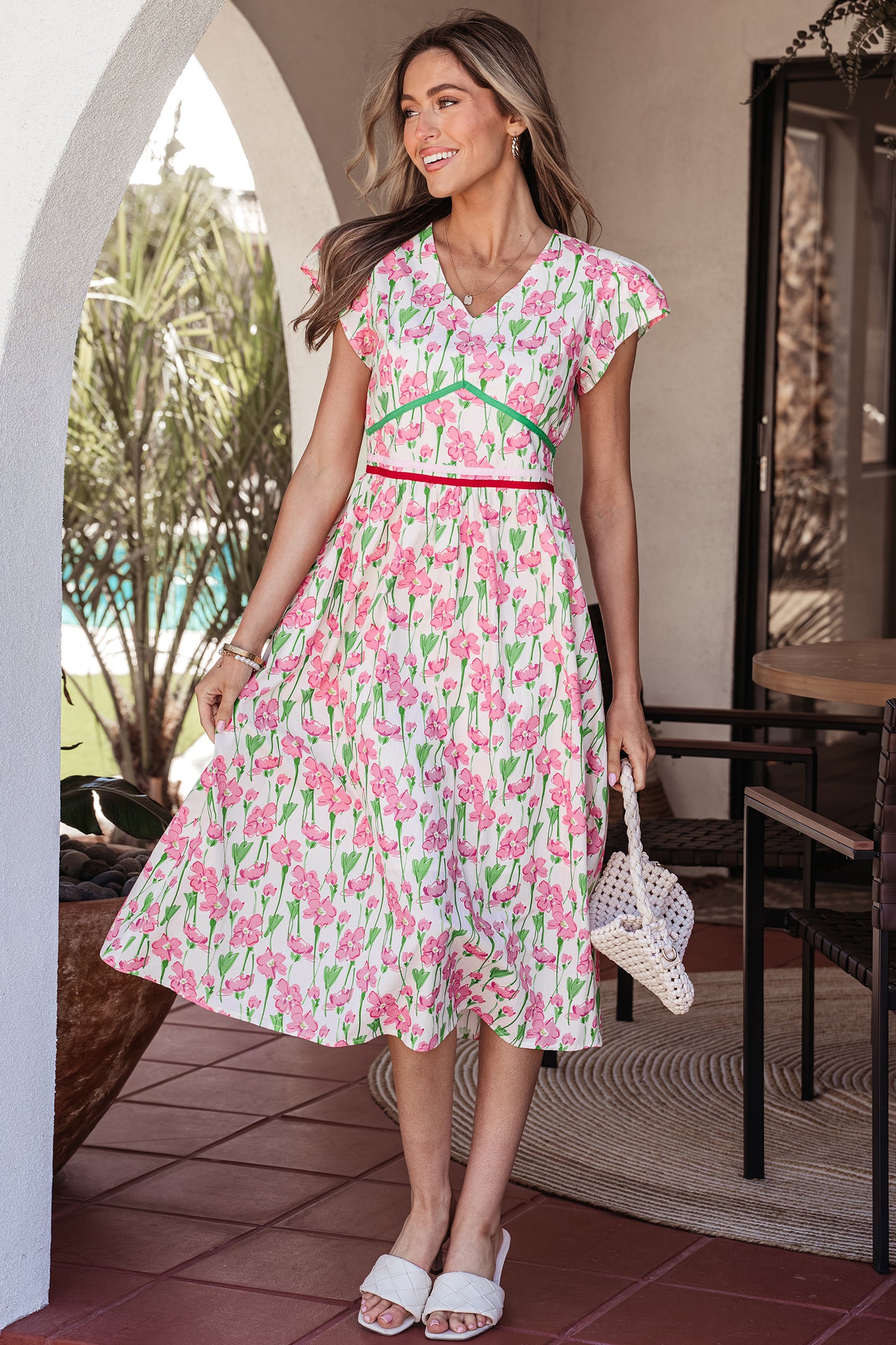 Pink Floral Print Contrast Trim V Neck Short Sleeve Elegant Midi Dress-TOPS / DRESSES-[Adult]-[Female]-Pink-S-2022 Online Blue Zone Planet