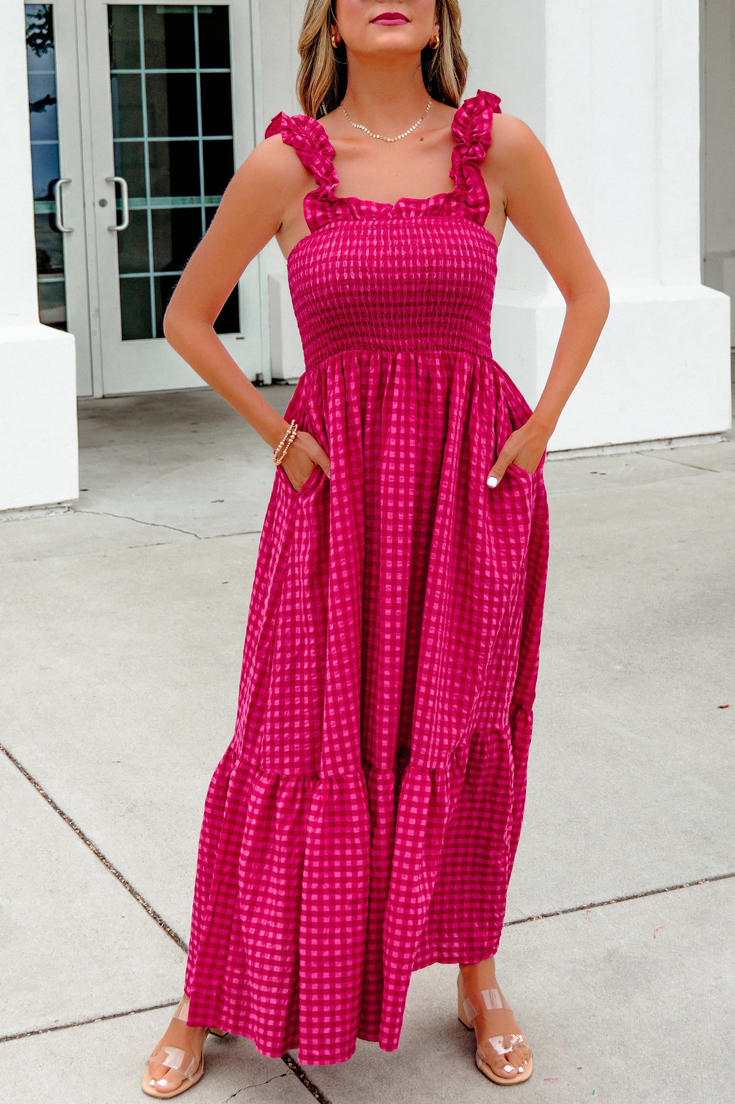 Red Plaid Square Neck Fit-and-flared Vacation Sundress-TOPS / DRESSES-[Adult]-[Female]-2022 Online Blue Zone Planet