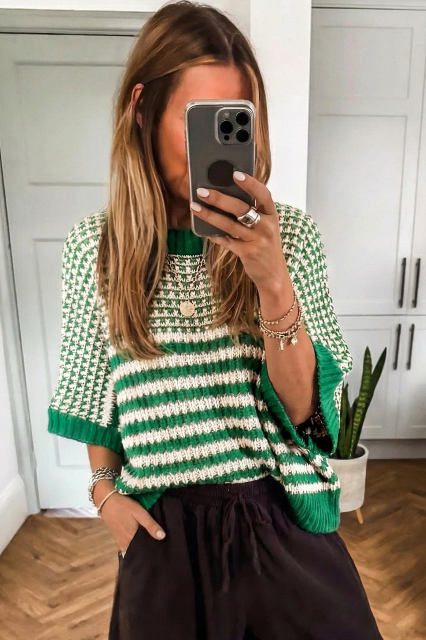 Green Stripe 3/4 Draped Sleeve Slouchy Sweater-TOPS / DRESSES-[Adult]-[Female]-2022 Online Blue Zone Planet