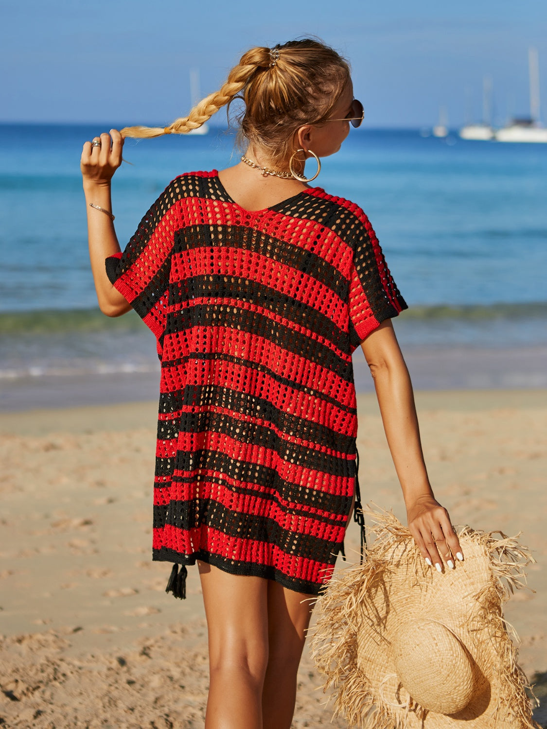 Blue Zone Planet | Tassel Openwork Striped V-Neck Cover Up-TOPS / DRESSES-[Adult]-[Female]-2022 Online Blue Zone Planet